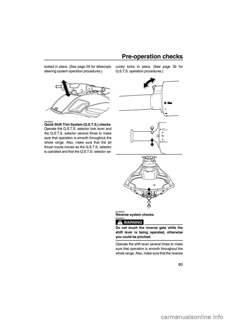 YAMAHA FZS SVHO 2010  Owners Manual Pre-operation checks
60
locked in place. (See page 29 for telescopic
steering system operation procedures.)
EJU32644Quick Shift Trim System (Q.S.T.S.) checks 
Operate the Q.S.T.S. selector lock lever 