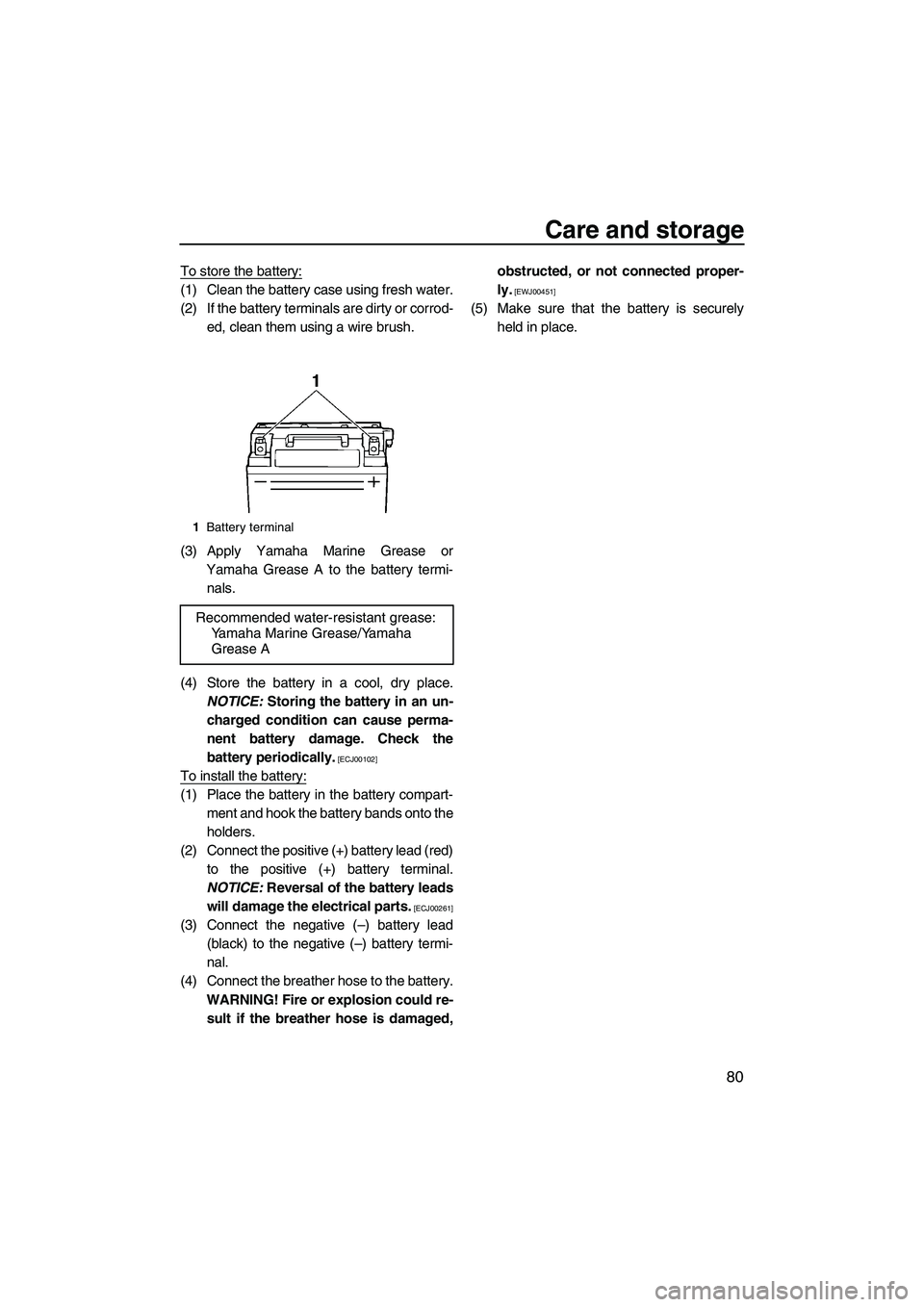 YAMAHA FZS SVHO 2010  Owners Manual Care and storage
80
To store the battery:
(1) Clean the battery case using fresh water.
(2) If the battery terminals are dirty or corrod-
ed, clean them using a wire brush.
(3) Apply Yamaha Marine Gre