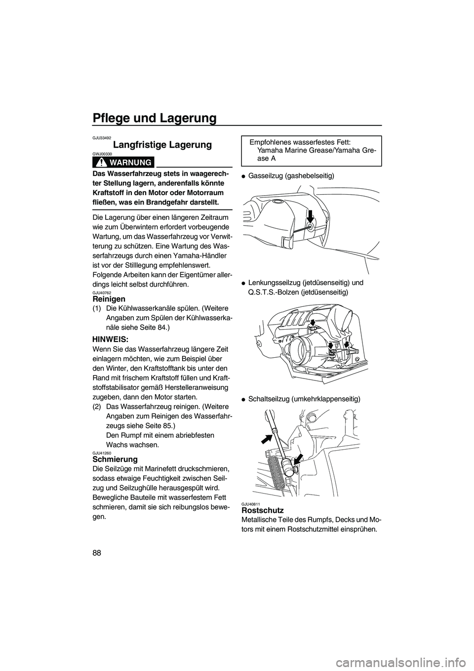 YAMAHA FZS 2010  Betriebsanleitungen (in German) Pflege und Lagerung
88
GJU33492
Langfristige Lagerung 
WARNUNG
GWJ00330
Das Wasserfahrzeug stets in waagerech-
ter Stellung lagern, anderenfalls könnte 
Kraftstoff in den Motor oder Motorraum 
fließ
