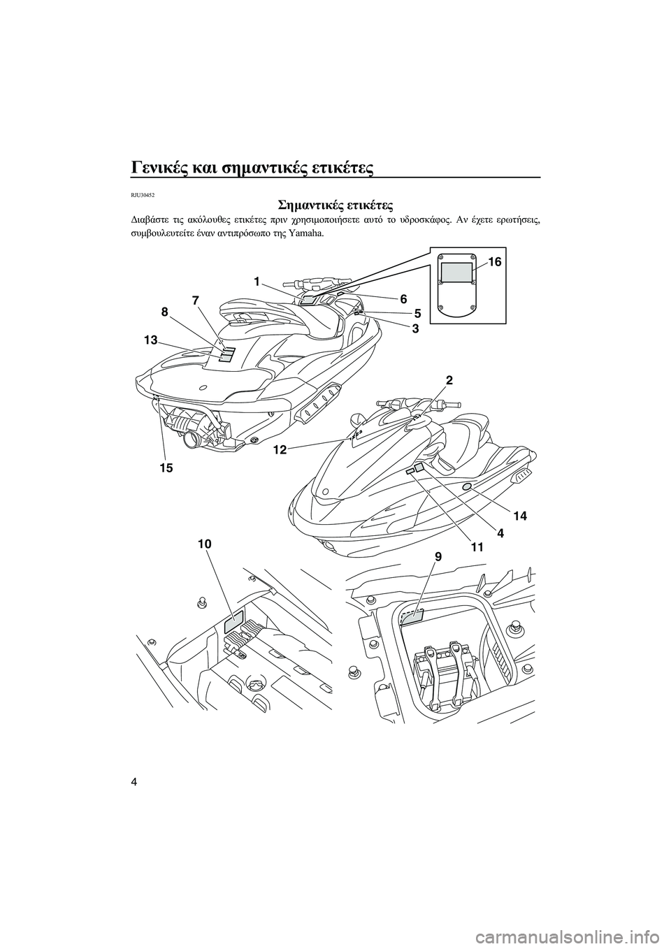 YAMAHA FZS 2010  ΟΔΗΓΌΣ ΧΡΉΣΗΣ (in Greek) Γενικές και σηµαντικές ετικέτες
4
RJU30452
Σηµαντικές ετικέτες 
∆ιαβάστε τις ακόλουθες ετικέτες πριν χρησιµοποι