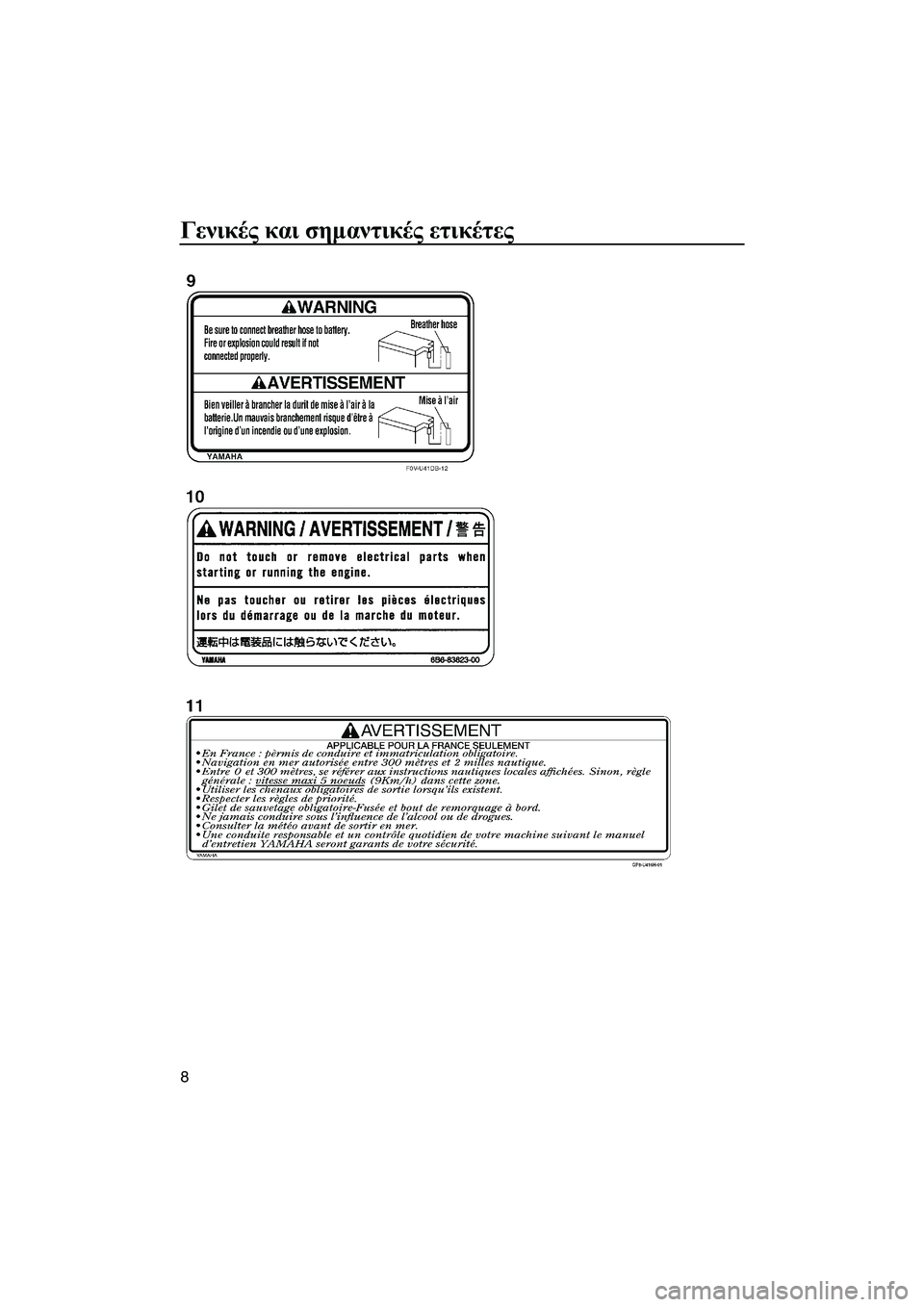 YAMAHA FZS 2010  ΟΔΗΓΌΣ ΧΡΉΣΗΣ (in Greek) Γενικές και σηµαντικές ετικέτες
8
UF2C71R0.book  Page 8  Tuesday, July 14, 2009  11:00 AM 
