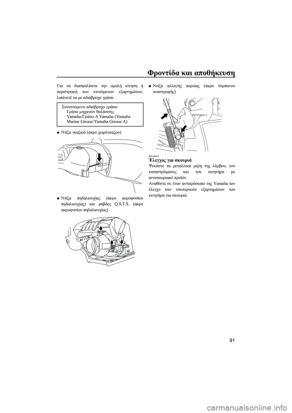 YAMAHA FZS 2010  ΟΔΗΓΌΣ ΧΡΉΣΗΣ (in Greek) Φροντίδα και αποθήκευση
91
Για να διασφαλίσετε την οµαλή κίνηση ή
περιστροφή των κινούµενων εξαρτηµάτων,
λιπά