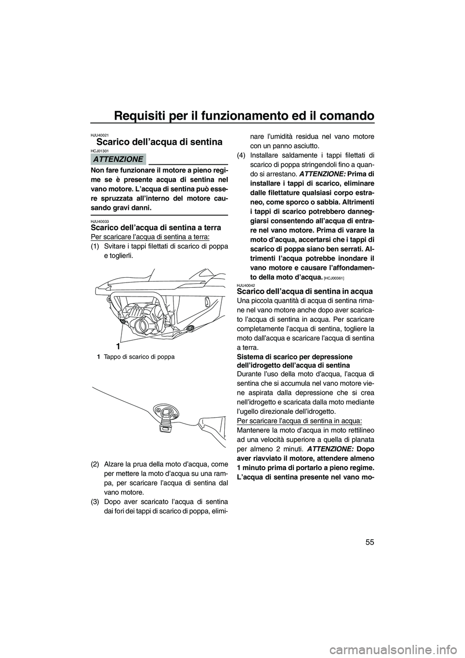 YAMAHA FZS 2010  Manuale duso (in Italian) Requisiti per il funzionamento ed il comando
55
HJU40021
Scarico dell’acqua di sentina 
ATTENZIONE
HCJ01301
Non fare funzionare il motore a pieno regi-
me se è presente acqua di sentina nel
vano mo
