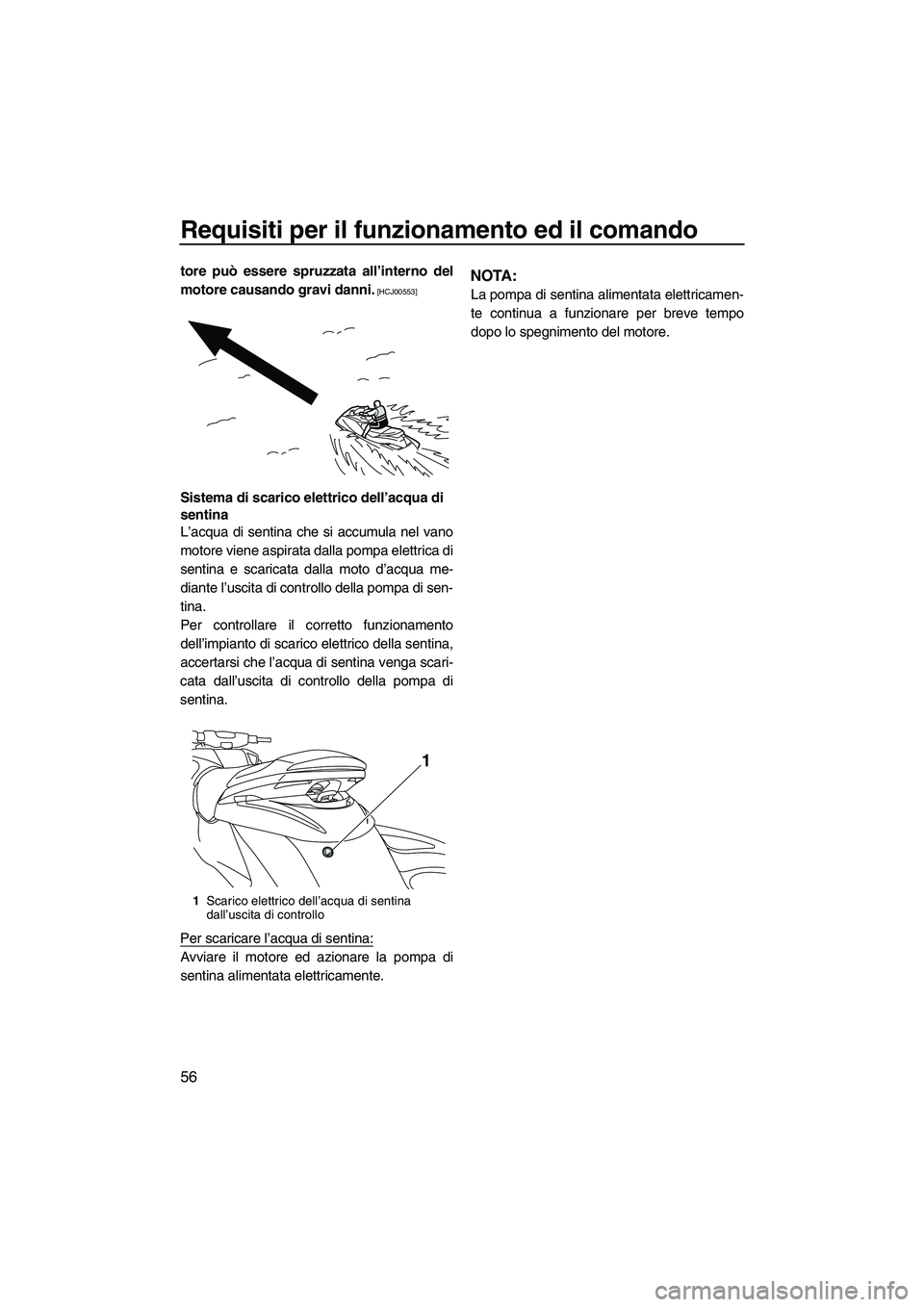 YAMAHA FZS 2010  Manuale duso (in Italian) Requisiti per il funzionamento ed il comando
56
tore può essere spruzzata all’interno del
motore causando gravi danni.
 [HCJ00553]
Sistema di scarico elettrico dell’acqua di 
sentina
L’acqua di