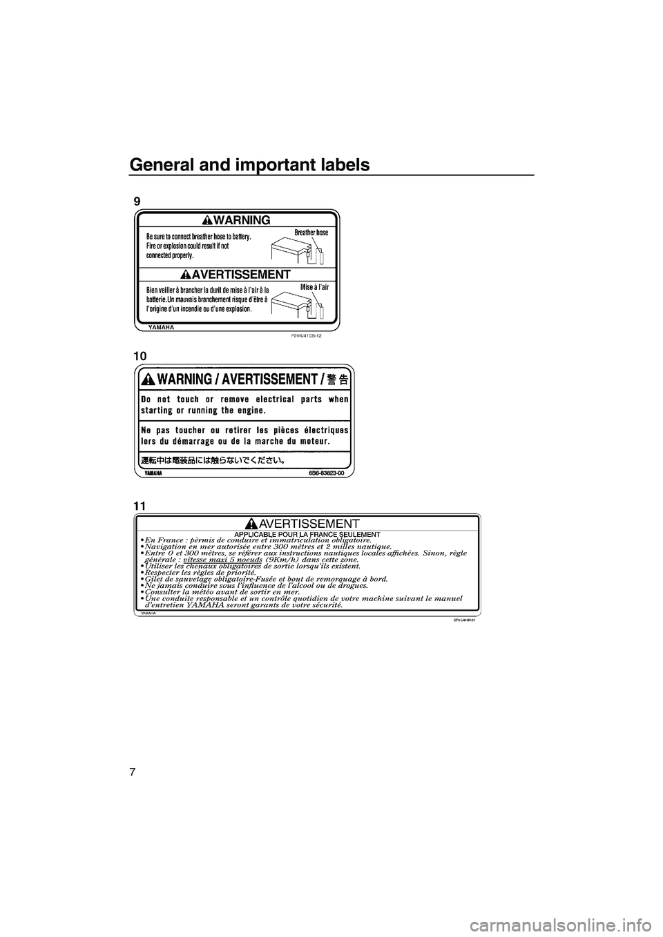 YAMAHA FZS 2009  Owners Manual General and important labels
7
UF2C70E0.book  Page 7  Monday, November 3, 2008  10:16 AM 
