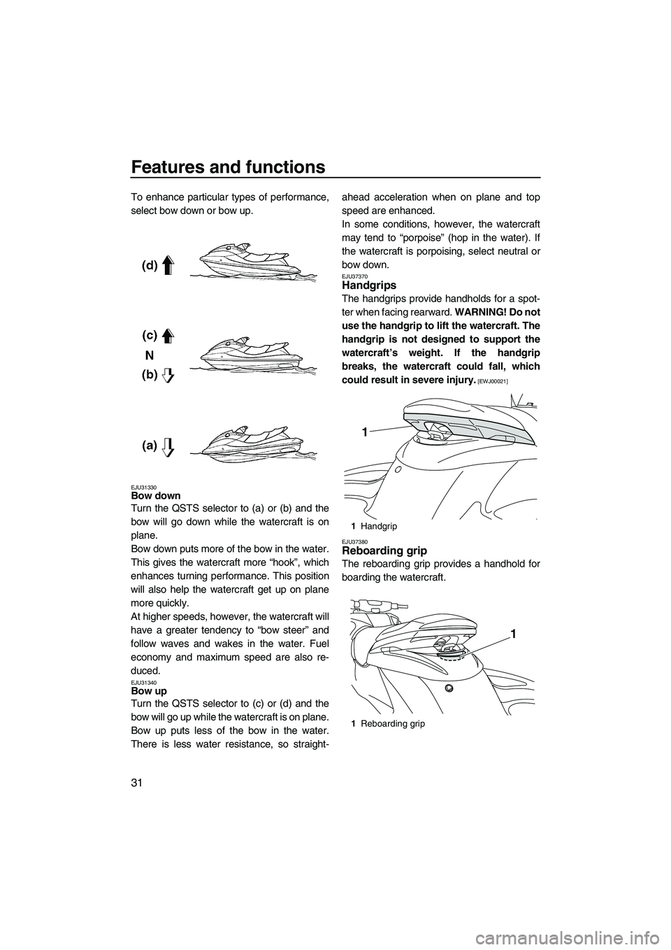 YAMAHA FZS 2009 Owners Manual Features and functions
31
To enhance particular types of performance,
select bow down or bow up.
EJU31330Bow down
Turn the QSTS selector to (a) or (b) and the
bow will go down while the watercraft is YAMAHA FZS 2009 Owners Manual Features and functions
31
To enhance particular types of performance,
select bow down or bow up.
EJU31330Bow down
Turn the QSTS selector to (a) or (b) and the
bow will go down while the watercraft is