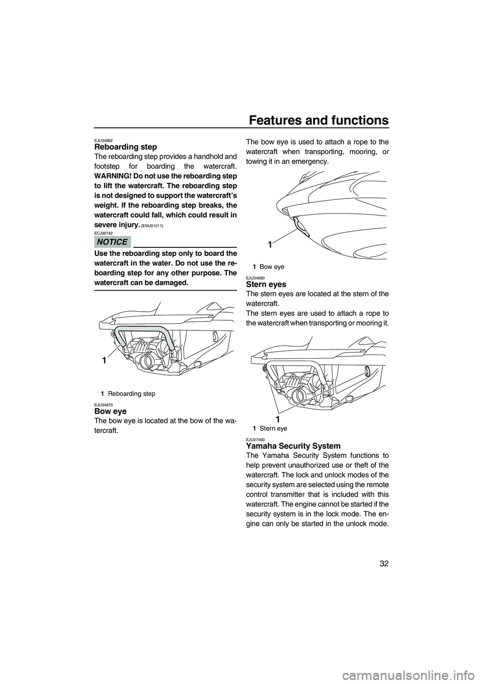 YAMAHA FZS 2009 Owners Manual Features and functions
32
EJU34862Reboarding step
The reboarding step provides a handhold and
footstep for boarding the watercraft.
WARNING! Do not use the reboarding step
to lift the watercraft. The YAMAHA FZS 2009 Owners Manual Features and functions
32
EJU34862Reboarding step
The reboarding step provides a handhold and
footstep for boarding the watercraft.
WARNING! Do not use the reboarding step
to lift the watercraft. The