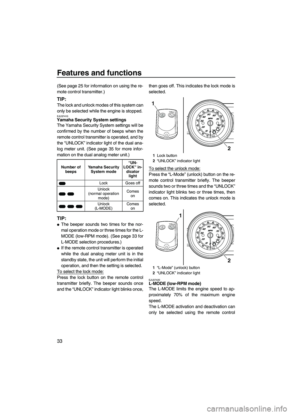 YAMAHA FZS 2009 Owners Manual Features and functions
33
(See page 25 for information on using the re-
mote control transmitter.)
TIP:
The lock and unlock modes of this system can
only be selected while the engine is stopped.
EJU37 YAMAHA FZS 2009 Owners Manual Features and functions
33
(See page 25 for information on using the re-
mote control transmitter.)
TIP:
The lock and unlock modes of this system can
only be selected while the engine is stopped.
EJU37