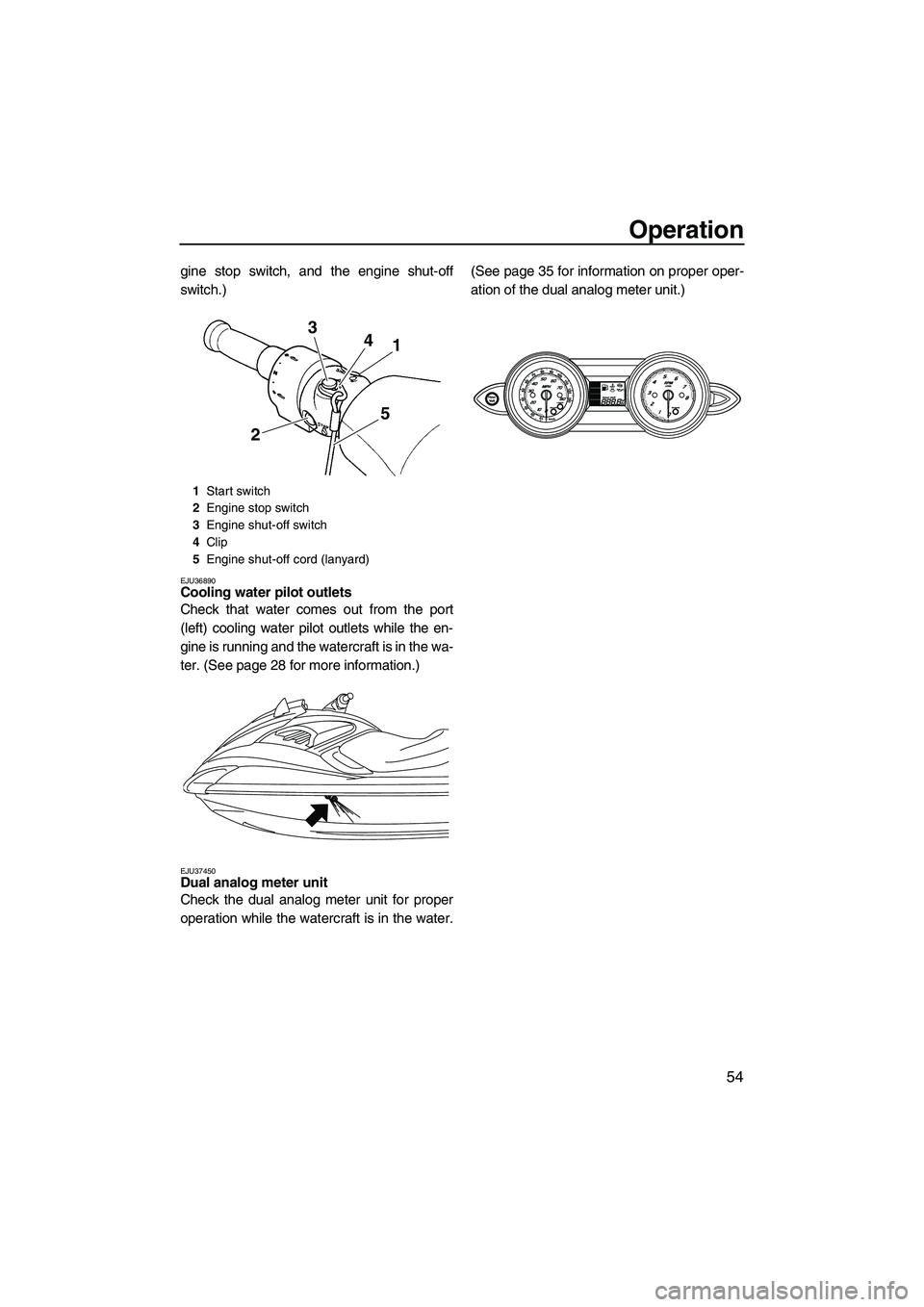 YAMAHA FZS 2009  Owners Manual Operation
54
gine stop switch, and the engine shut-off
switch.)
EJU36890Cooling water pilot outlets 
Check that water comes out from the port
(left) cooling water pilot outlets while the en-
gine is r