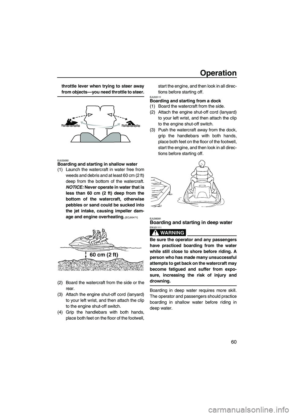 YAMAHA FZS 2009 Owners Manual Operation
60
throttle lever when trying to steer away
from objects—you need throttle to steer.
EJU33092Boarding and starting in shallow water
(1) Launch the watercraft in water free from
weeds and YAMAHA FZS 2009 Owners Manual Operation
60
throttle lever when trying to steer away
from objects—you need throttle to steer.
EJU33092Boarding and starting in shallow water
(1) Launch the watercraft in water free from
weeds and