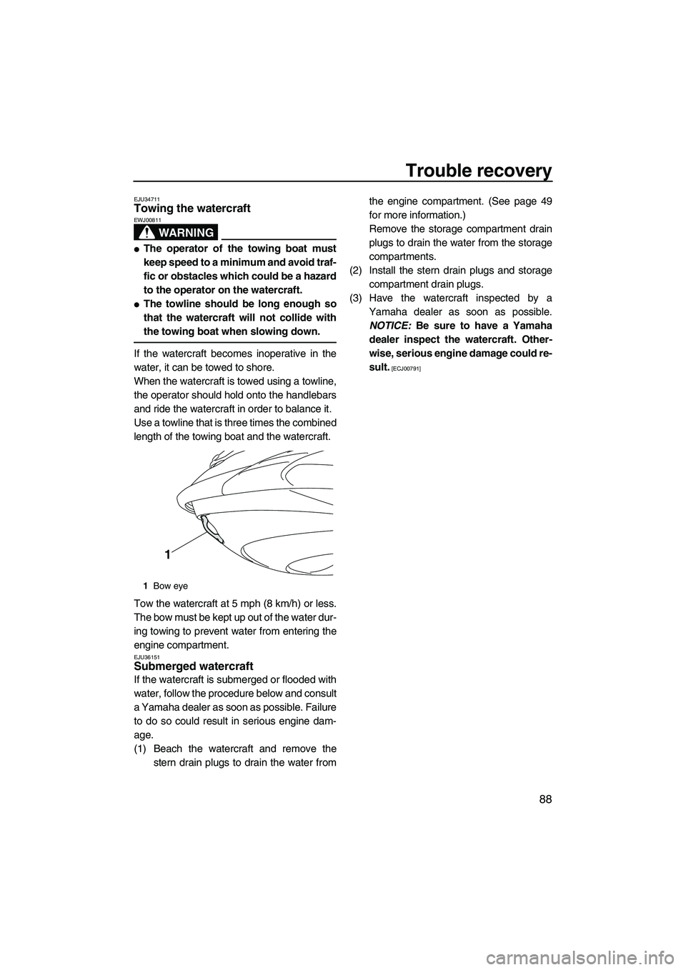 YAMAHA FZS 2009 Owners Manual Trouble recovery
88
EJU34711Towing the watercraft
WARNING
EWJ00811
The operator of the towing boat must
keep speed to a minimum and avoid traf-
fic or obstacles which could be a hazard
to the operat YAMAHA FZS 2009 Owners Manual Trouble recovery
88
EJU34711Towing the watercraft
WARNING
EWJ00811
The operator of the towing boat must
keep speed to a minimum and avoid traf-
fic or obstacles which could be a hazard
to the operat
