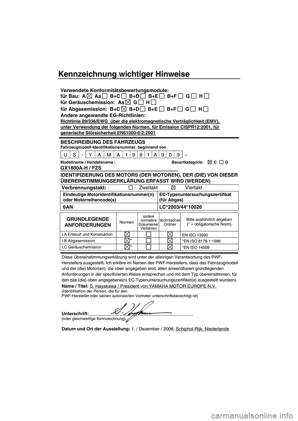 YAMAHA FZS 2009 Betriebsanleitungen (in German) Kennzeichnung wichtiger Hinweise
Diese Übereinstimmungserklärung wird unter der alleinigen Verantwortung des PWF-
Herstellers ausgestellt. Ich erkläre im Namen des PWF-Herstellers, dass das Fahrzeu YAMAHA FZS 2009 Betriebsanleitungen (in German) Kennzeichnung wichtiger Hinweise
Diese Übereinstimmungserklärung wird unter der alleinigen Verantwortung des PWF-
Herstellers ausgestellt. Ich erkläre im Namen des PWF-Herstellers, dass das Fahrzeu