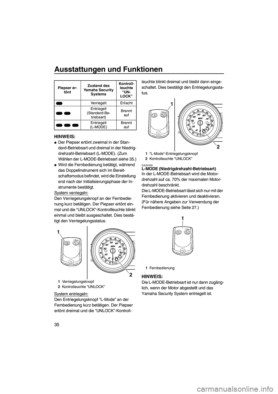 YAMAHA FZS 2009 Betriebsanleitungen (in German) Ausstattungen und Funktionen
35
HINWEIS:
Der Piepser ertönt zweimal in der Stan-
dard-Betriebsart und dreimal in der Niedrig-
drehzahl-Betriebsart (L-MODE). (Zum
Wählen der L-MODE-Betriebsart sieh YAMAHA FZS 2009 Betriebsanleitungen (in German) Ausstattungen und Funktionen
35
HINWEIS:
Der Piepser ertönt zweimal in der Stan-
dard-Betriebsart und dreimal in der Niedrig-
drehzahl-Betriebsart (L-MODE). (Zum
Wählen der L-MODE-Betriebsart sieh