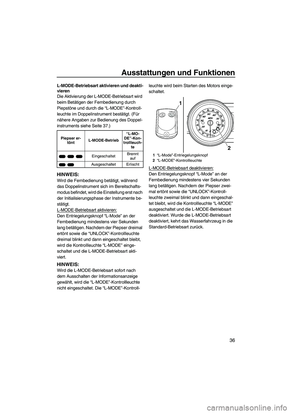 YAMAHA FZS 2009 Betriebsanleitungen (in German) Ausstattungen und Funktionen
36
L-MODE-Betriebsart aktivieren und deakti-
vieren
Die Aktivierung der L-MODE-Betriebsart wird
beim Betätigen der Fernbedienung durch
Piepstöne und durch die “L-MOD YAMAHA FZS 2009 Betriebsanleitungen (in German) Ausstattungen und Funktionen
36
L-MODE-Betriebsart aktivieren und deakti-
vieren
Die Aktivierung der L-MODE-Betriebsart wird
beim Betätigen der Fernbedienung durch
Piepstöne und durch die “L-MOD