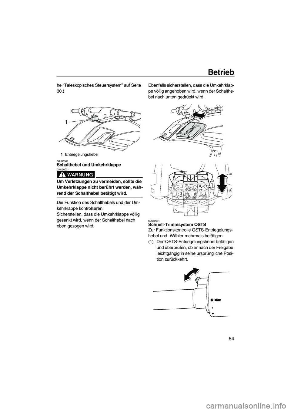 YAMAHA FZS 2009  Betriebsanleitungen (in German) Betrieb
54
he “Teleskopisches Steuersystem” auf Seite 
30.)
GJU36581Schalthebel und Umkehrklappe 
WARNUNG
GWJ00031
Um Verletzungen zu vermeiden, sollte die 
Umkehrklappe nicht berührt werden, wä