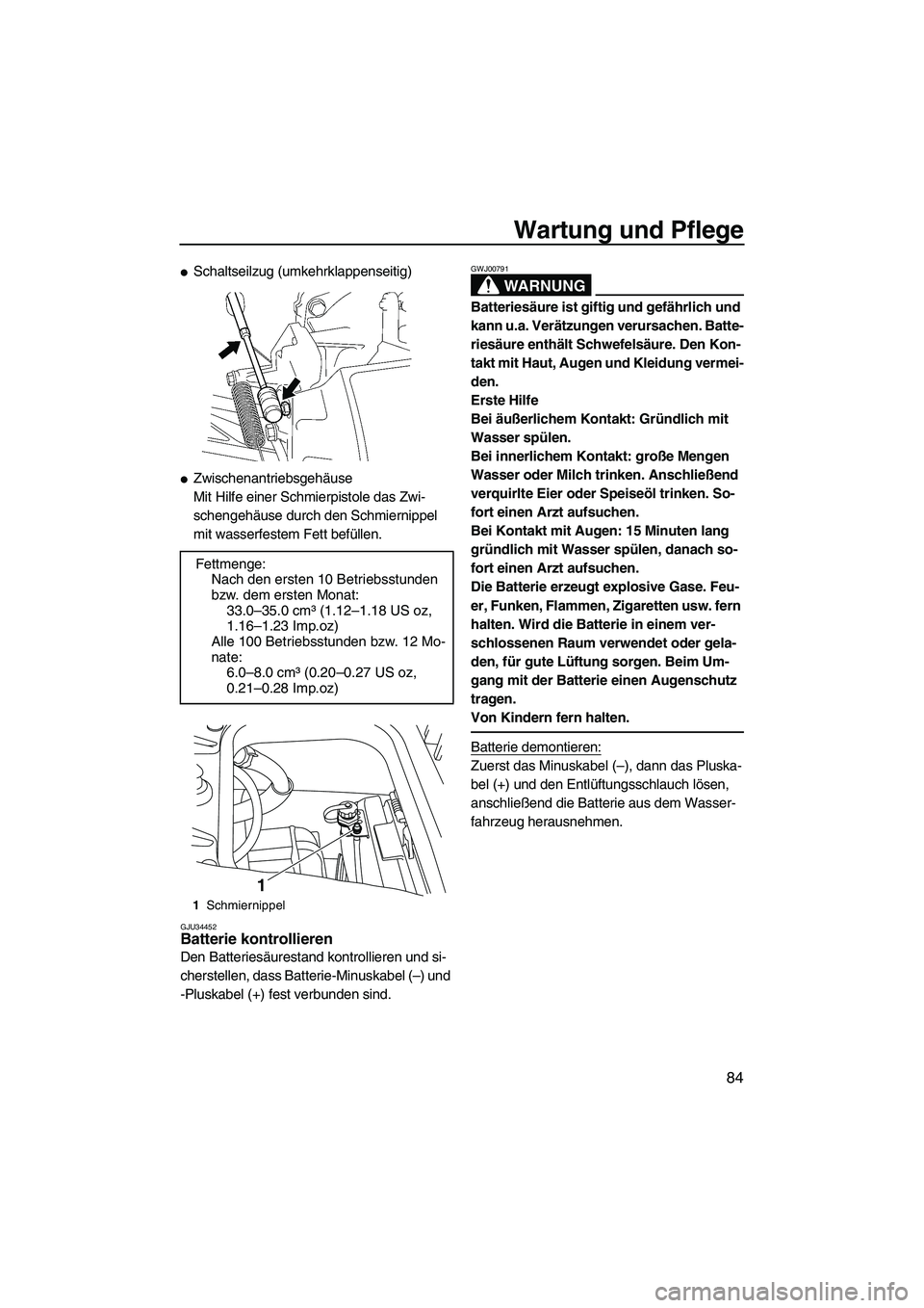 YAMAHA FZS 2009 Betriebsanleitungen (in German) Wartung und Pflege
84
Schaltseilzug (umkehrklappenseitig)
Zwischenantriebsgehäuse
Mit Hilfe einer Schmierpistole das Zwi-
schengehäuse durch den Schmiernippel
mit wasserfestem Fett befüllen.
GJU YAMAHA FZS 2009 Betriebsanleitungen (in German) Wartung und Pflege
84
Schaltseilzug (umkehrklappenseitig)
Zwischenantriebsgehäuse
Mit Hilfe einer Schmierpistole das Zwi-
schengehäuse durch den Schmiernippel
mit wasserfestem Fett befüllen.
GJU