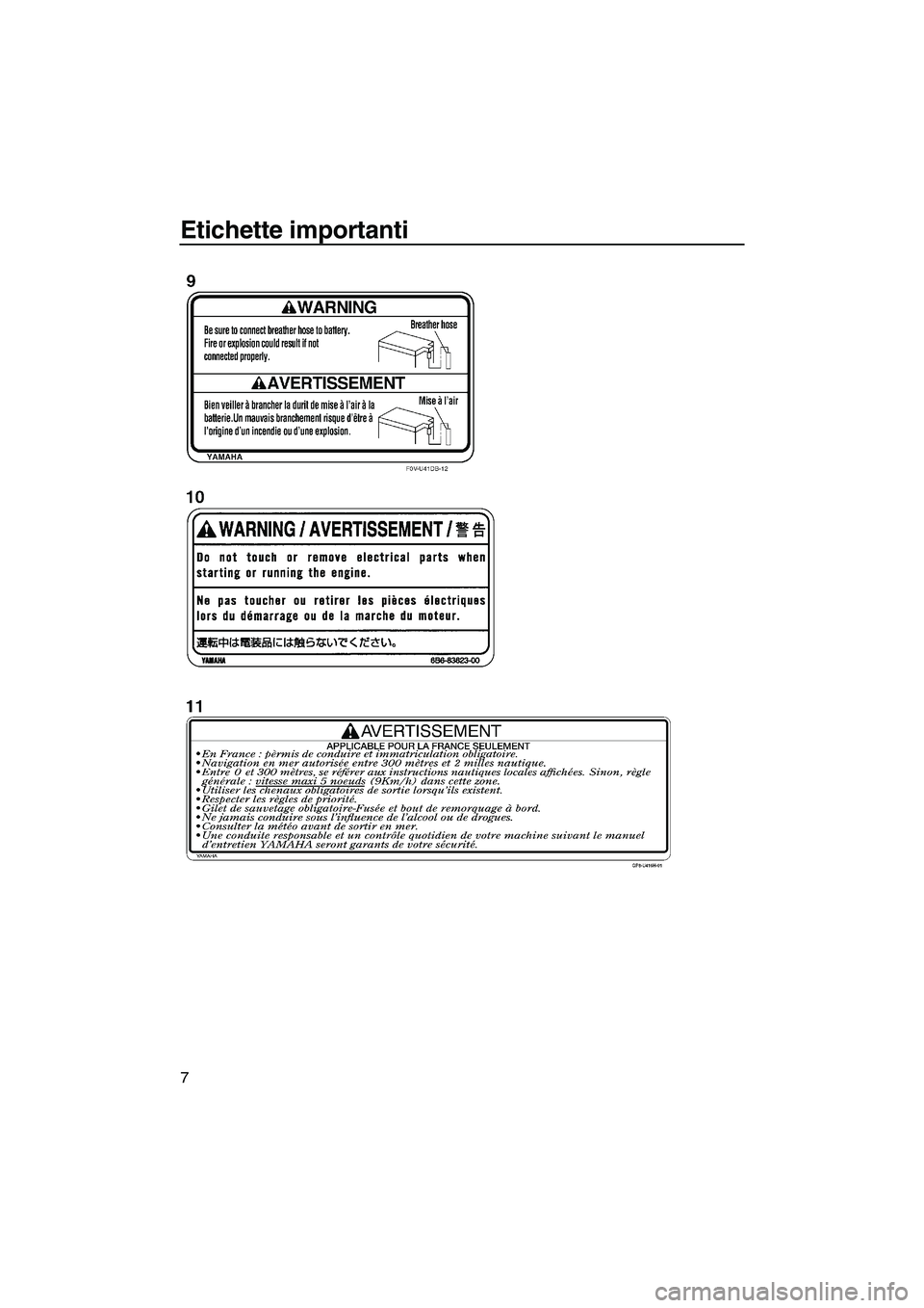 YAMAHA FZS 2009  Manuale duso (in Italian) Etichette importanti
7
UF2C70H0.book  Page 7  Tuesday, November 4, 2008  4:17 PM 