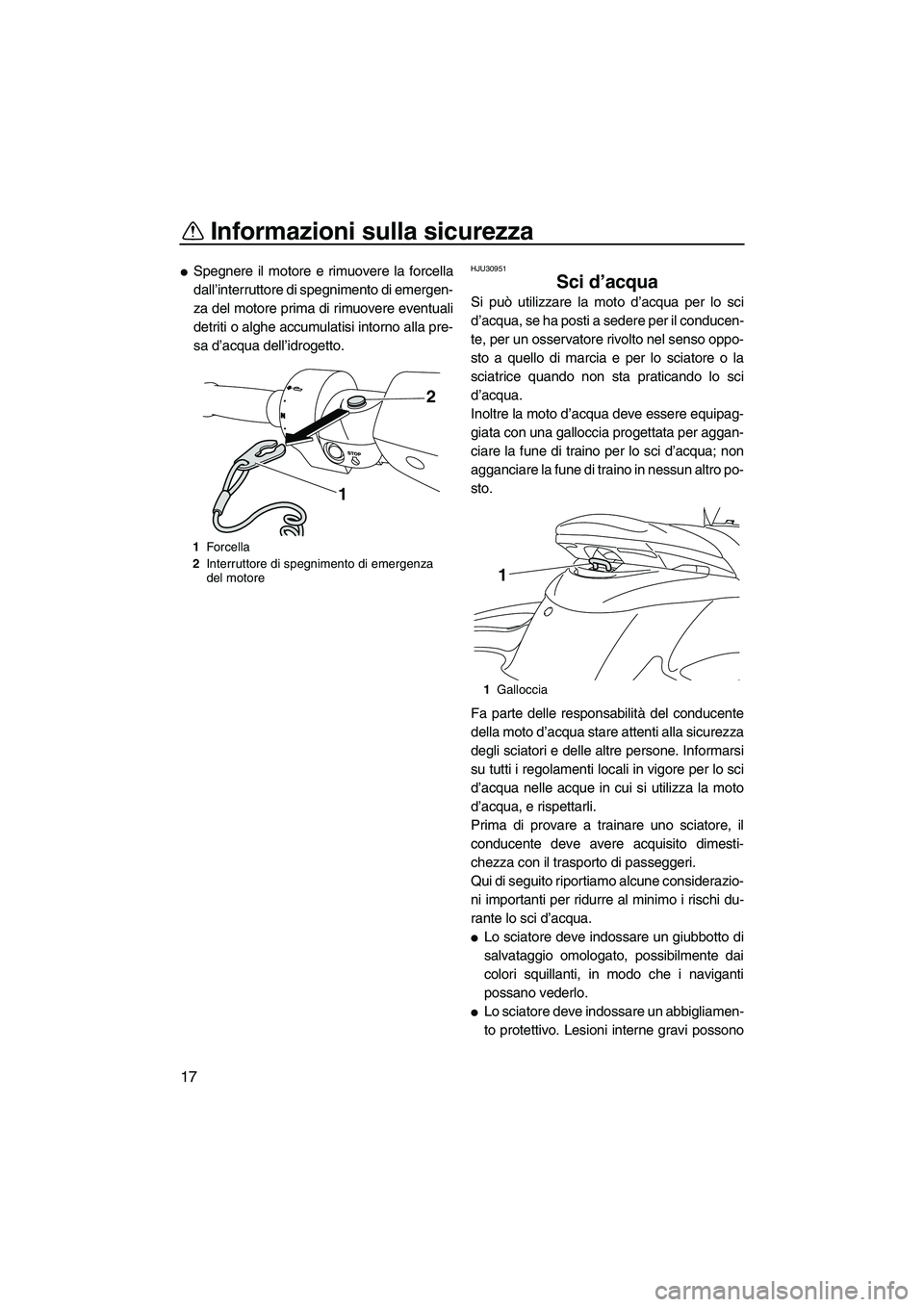 YAMAHA FZS 2009  Manuale duso (in Italian) Informazioni sulla sicurezza
17
Spegnere il motore e rimuovere la forcella
dall’interruttore di spegnimento di emergen-
za del motore prima di rimuovere eventuali
detriti o alghe accumulatisi intor