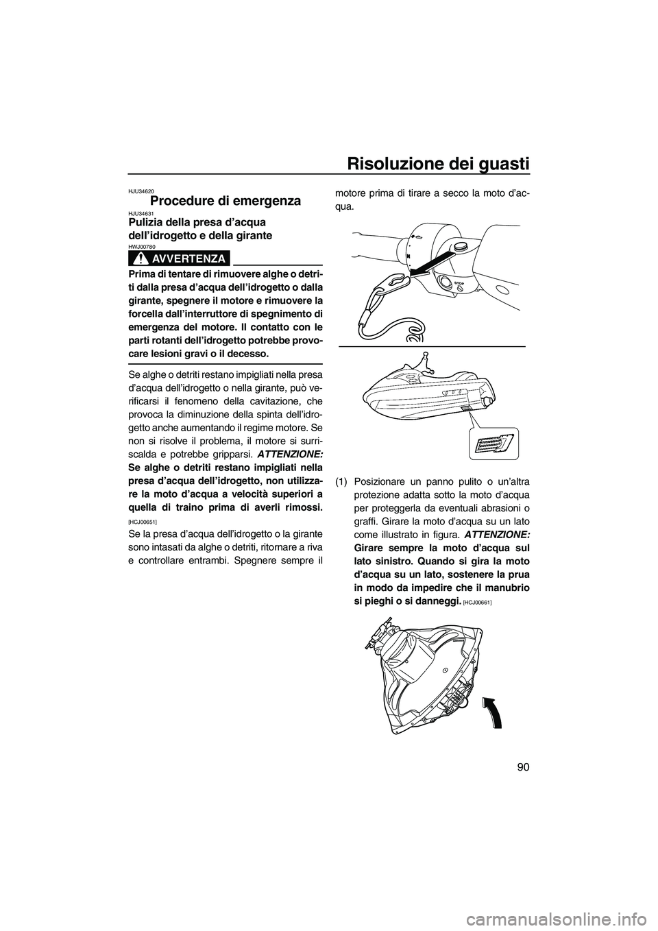 YAMAHA FZS 2009  Manuale duso (in Italian) Risoluzione dei guasti
90
HJU34620
Procedure di emergenza HJU34631Pulizia della presa d’acqua 
dell’idrogetto e della girante 
AVVERTENZA
HWJ00780
Prima di tentare di rimuovere alghe o detri-
ti d