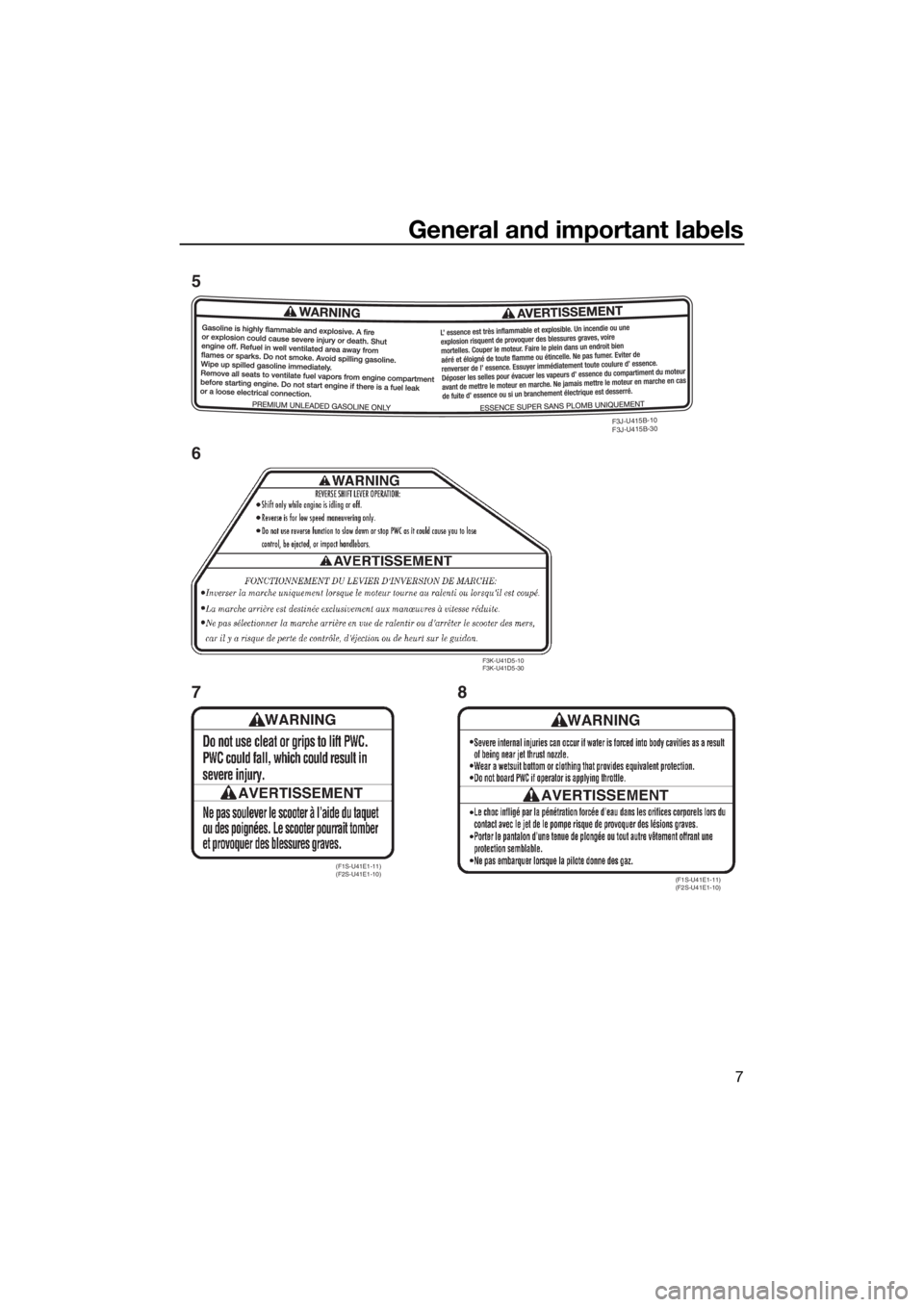YAMAHA FZS SVHO 2016  Owners Manual General and important labels
7
F3J-U415B-10 
F3J-U415B-30
(F1S-U41E1-11) 
(F2S-U41E1-10)(F1S-U41E1-11) 
(F2S-U41E1-10)
F3K-U41D5-10 
F3K-U41D5-30
5
6
78
UF3K72E0.book  Page 7  Thursday, July 16, 2015 
