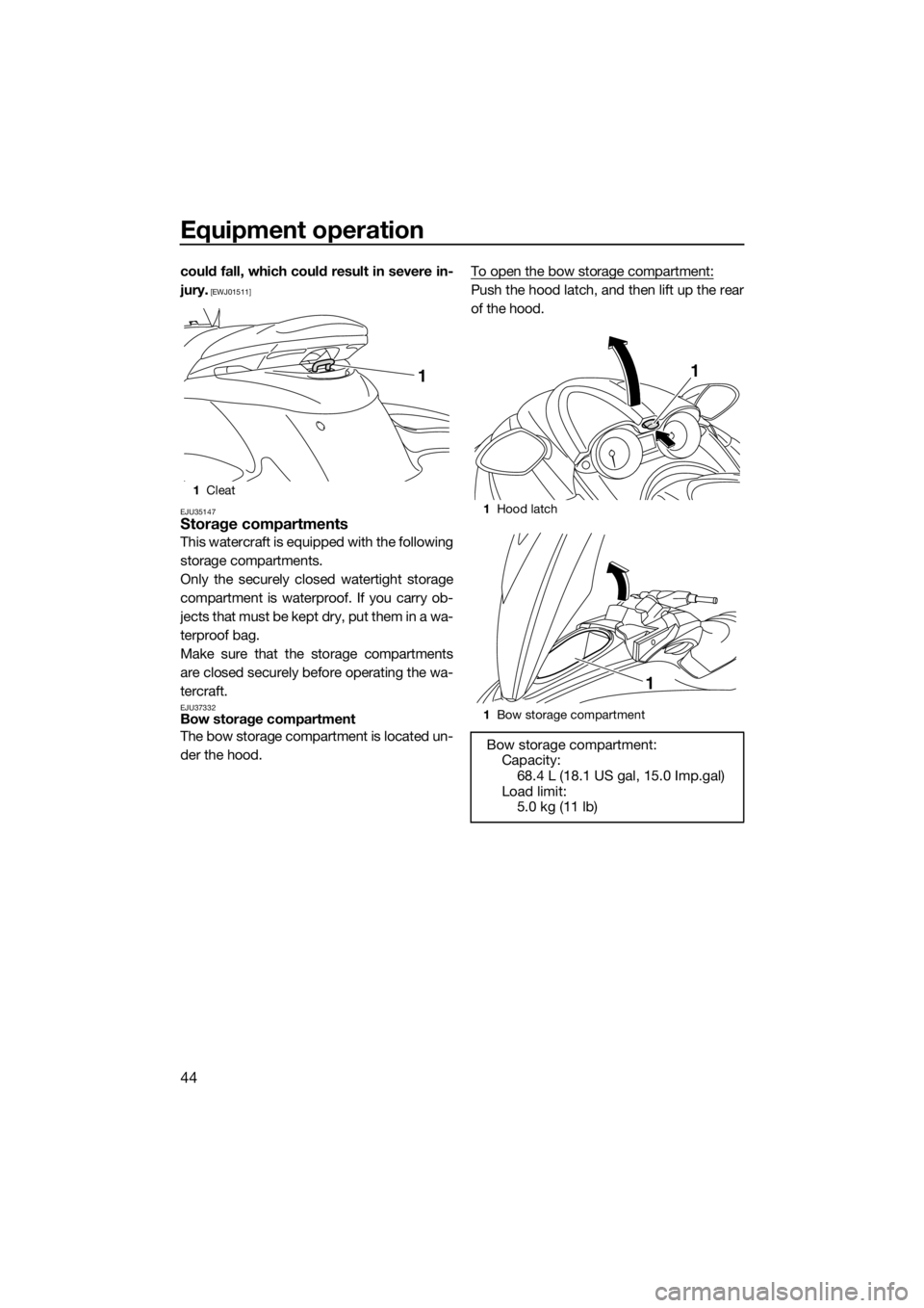 YAMAHA FZS SVHO 2016  Owners Manual Equipment operation
44
could fall, which could result in severe in-
jury.
 [EWJ01511]
EJU35147
Storage compartments
This watercraft is equipped with the following
storage compartments.
Only the secure