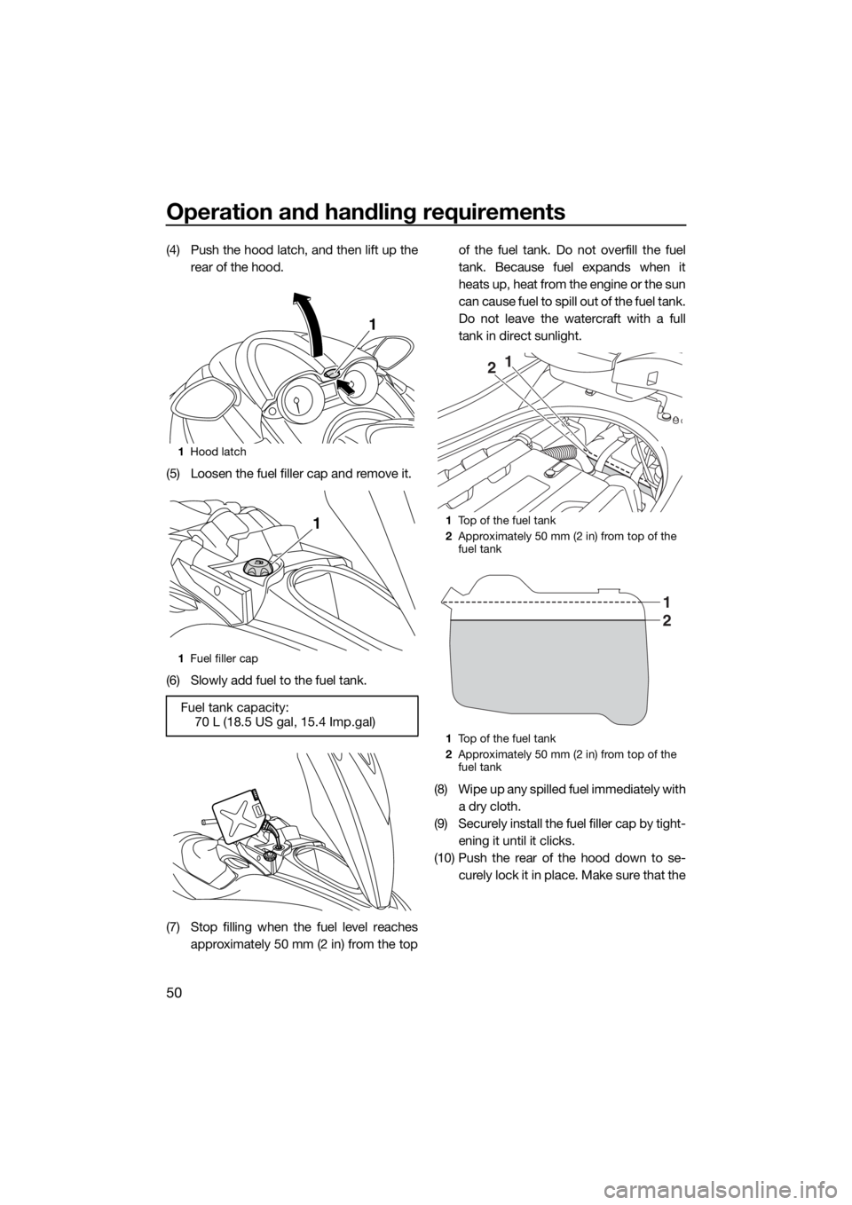 YAMAHA FZS SVHO 2016  Owners Manual Operation and handling requirements
50
(4) Push the hood latch, and then lift up the
rear of the hood.
(5) Loosen the fuel filler cap and remove it.
(6) Slowly add fuel to the fuel tank.
(7) Stop fill