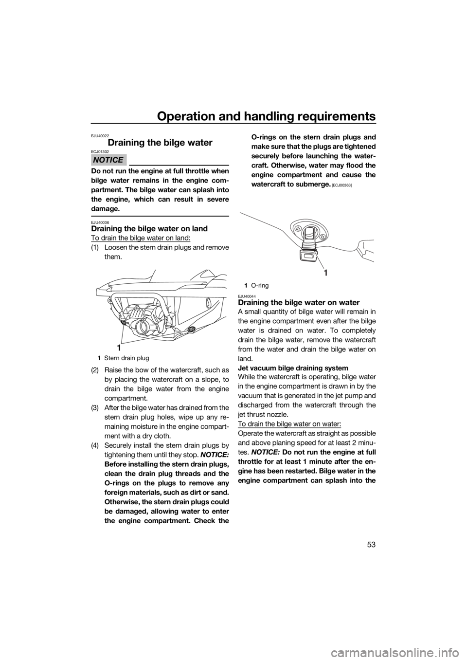 YAMAHA FZS SVHO 2016  Owners Manual Operation and handling requirements
53
EJU40022
Draining the bilge water
NOTICE
ECJ01302
Do not run the engine at full throttle when
bilge water remains in the engine com-
partment. The bilge water ca