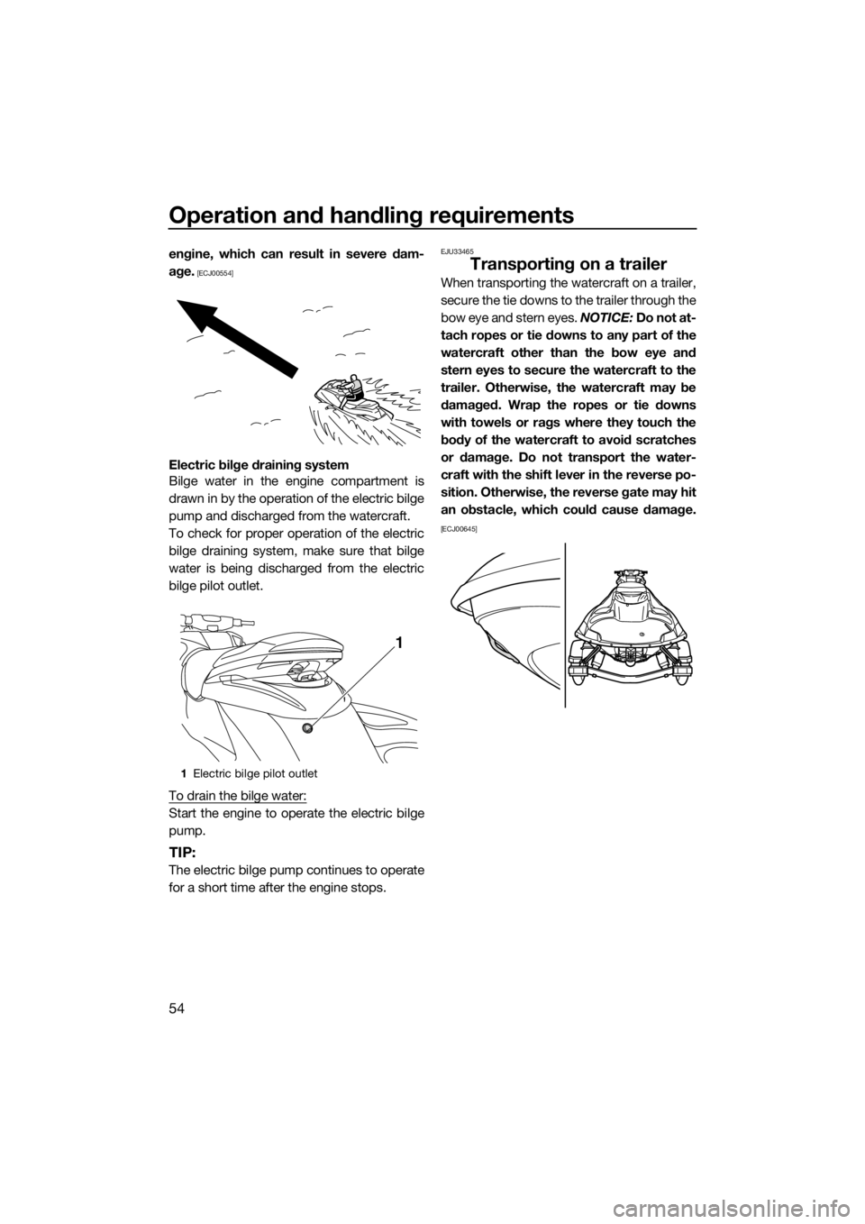YAMAHA FZS SVHO 2016  Owners Manual Operation and handling requirements
54
engine, which can result in severe dam-
age.
 [ECJ00554]
Electric bilge draining system
Bilge water in the engine compartment is
drawn in by the operation of the