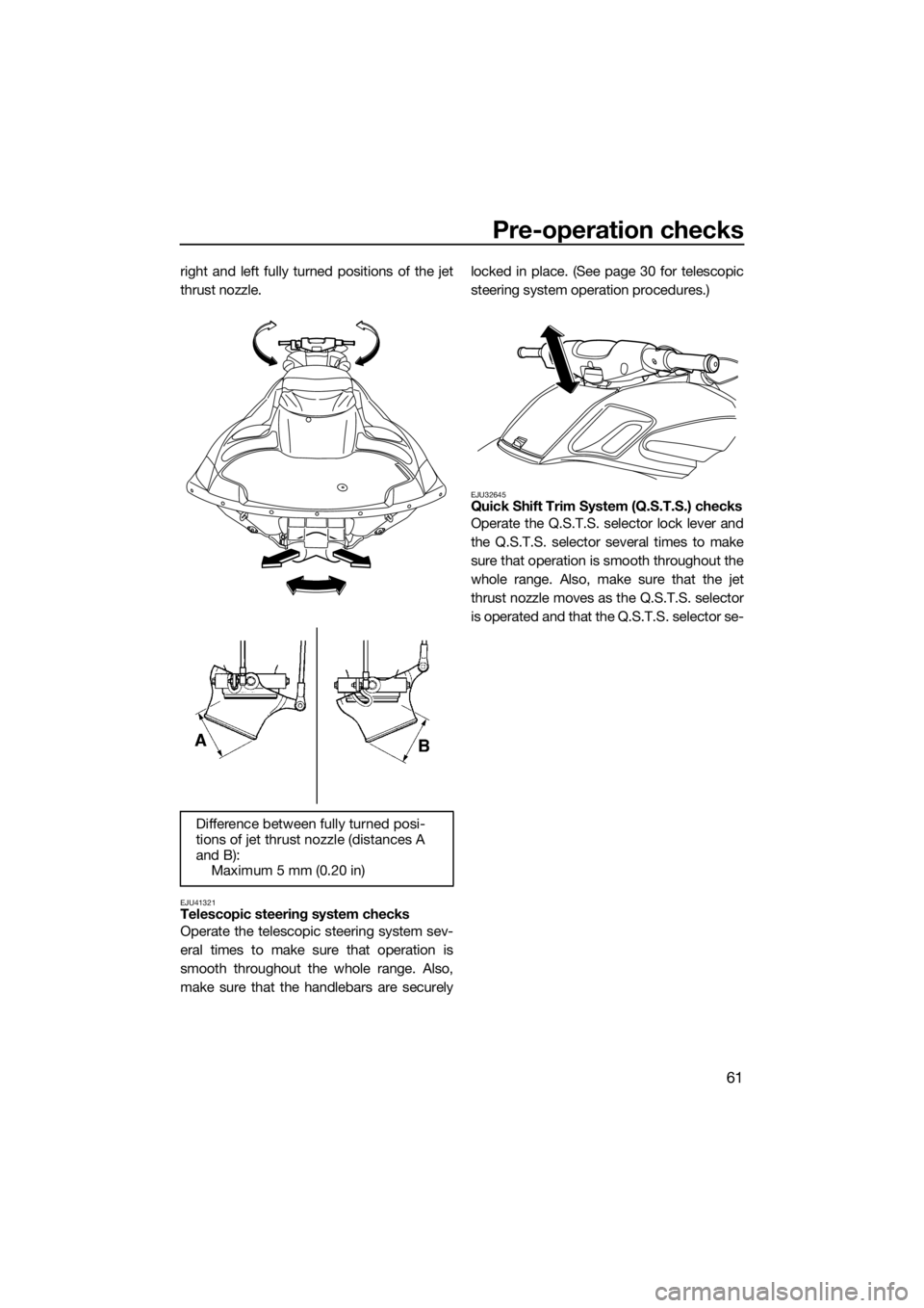 YAMAHA FZS SVHO 2016  Owners Manual Pre-operation checks
61
right and left fully turned positions of the jet
thrust nozzle.
EJU41321Telescopic steering system checks
Operate the telescopic steering system sev-
eral times to make sure th