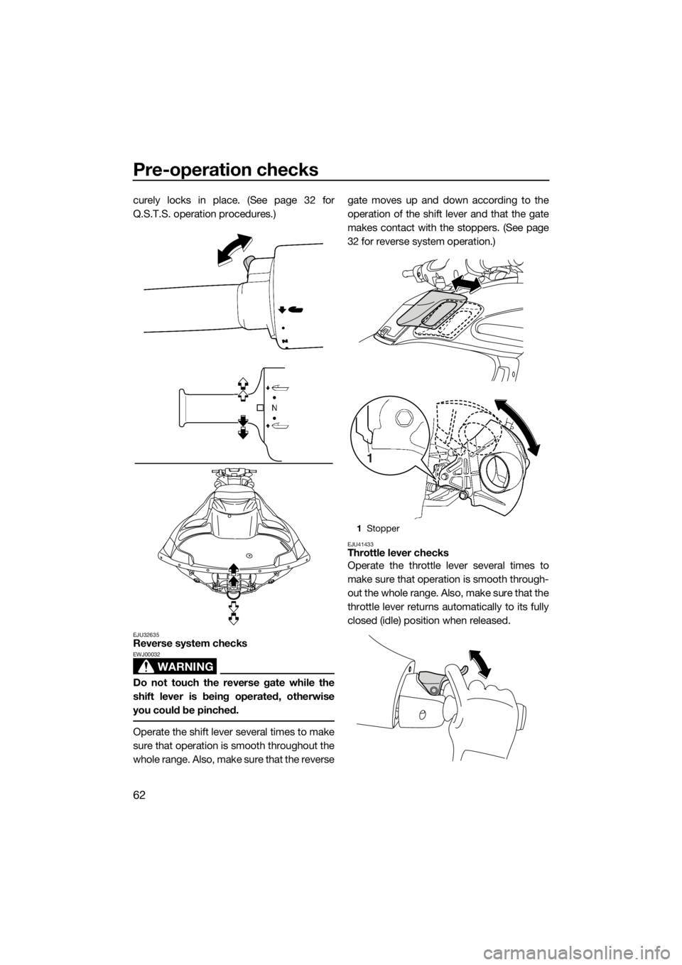 YAMAHA FZS SVHO 2016  Owners Manual Pre-operation checks
62
curely locks in place. (See page 32 for
Q.S.T.S. operation procedures.)
EJU32635Reverse system checks
WARNING
EWJ00032
Do not touch the reverse gate while the
shift lever is be