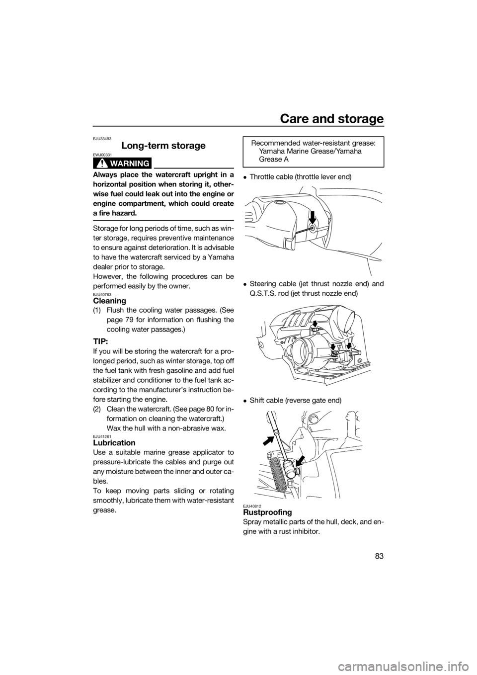 YAMAHA FZS SVHO 2016  Owners Manual Care and storage
83
EJU33493
Long-term storage
WARNING
EWJ00331
Always place the watercraft upright in a
horizontal position when storing it, other-
wise fuel could leak out into the engine or
engine 