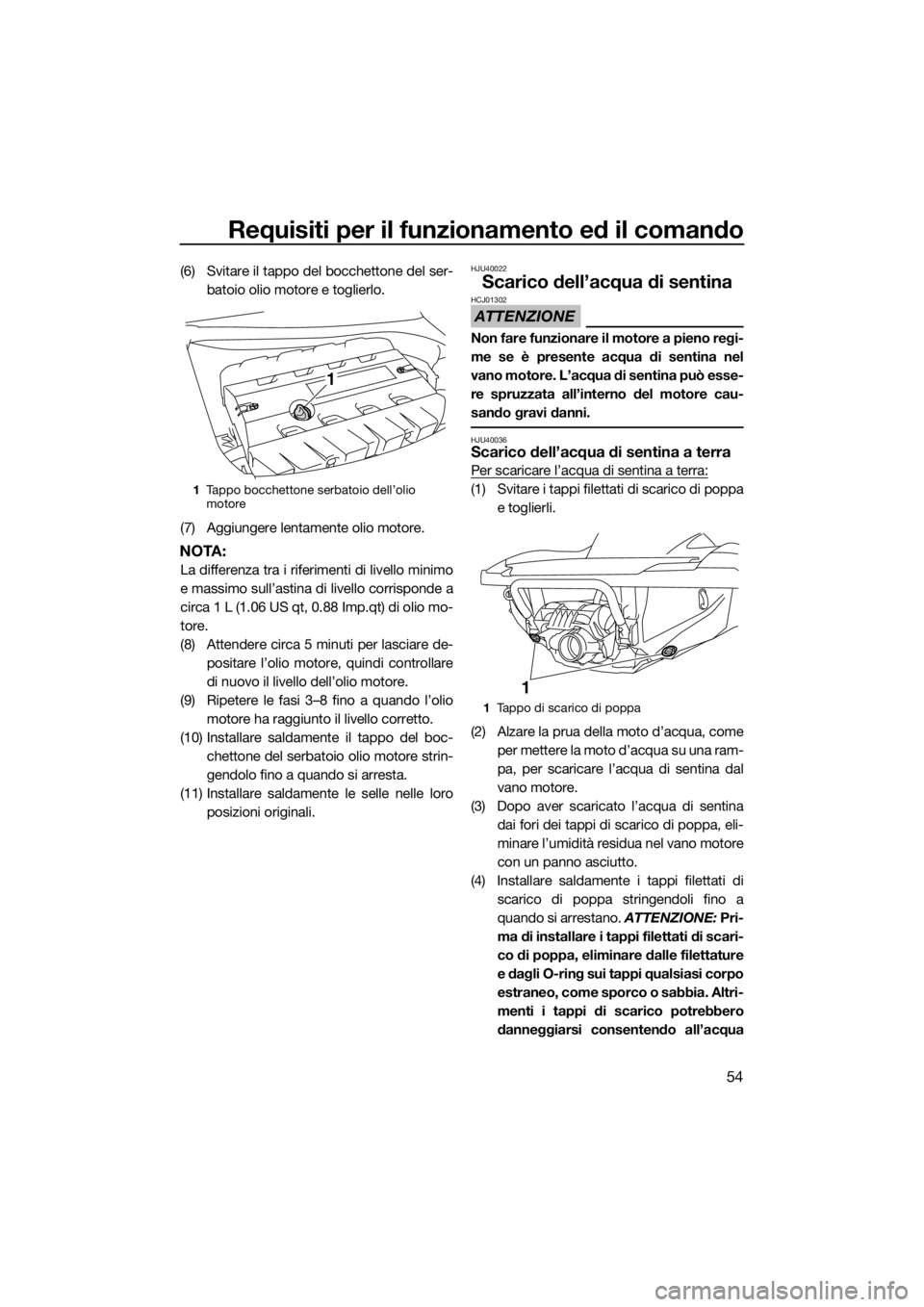 YAMAHA FZS SVHO 2016 Manuale duso (in Italian) Requisiti per il funzionamento ed il comando
54
(6) Svitare il tappo del bocchettone del ser-
batoio olio motore e toglierlo.
(7) Aggiungere lentamente olio motore.
NOTA:
La differenza tra i riferimen YAMAHA FZS SVHO 2016 Manuale duso (in Italian) Requisiti per il funzionamento ed il comando
54
(6) Svitare il tappo del bocchettone del ser-
batoio olio motore e toglierlo.
(7) Aggiungere lentamente olio motore.
NOTA:
La differenza tra i riferimen