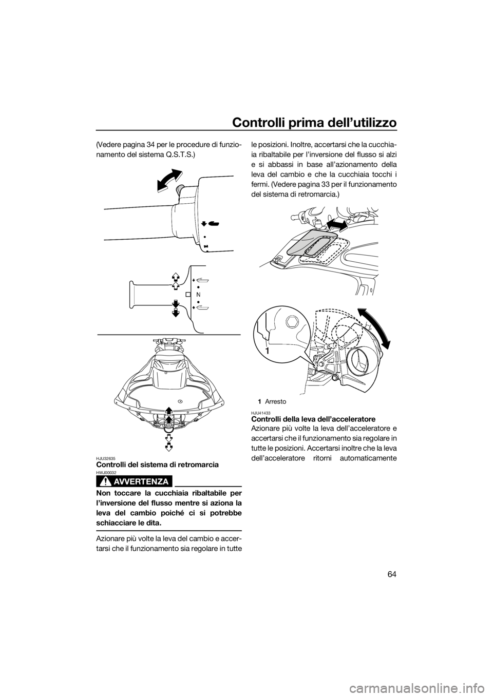 YAMAHA FZS SVHO 2016  Manuale duso (in Italian) Controlli prima dell’utilizzo
64
(Vedere pagina 34 per le procedure di funzio-
namento del sistema Q.S.T.S.)
HJU32635Controlli del sistema di retromarcia
AVVERTENZA
HWJ00032
Non toccare la cucchiaia