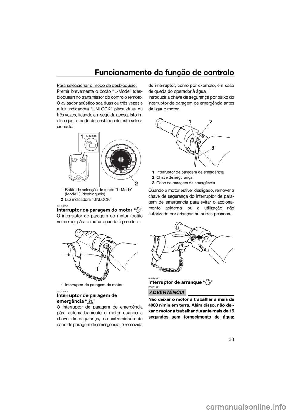 YAMAHA FZS SVHO 2016  Manual de utilização (in Portuguese) Funcionamento da função de controlo
30
Para seleccionar o modo de desbloqueio:
Premir brevemente o botão “L-Mode” (des-
bloquear) no transmissor do controlo remoto.
O avisador acústico soa dua