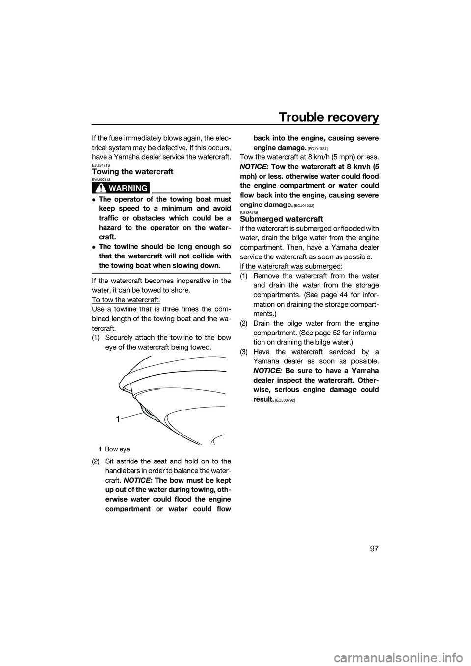 YAMAHA FZS SVHO 2015 Owners Manual Trouble recovery
97
If the fuse immediately blows again, the elec-
trical system may be defective. If this occurs,
have a Yamaha dealer service the watercraft.
EJU34716Towing the watercraft
WARNING
EW YAMAHA FZS SVHO 2015 Owners Manual Trouble recovery
97
If the fuse immediately blows again, the elec-
trical system may be defective. If this occurs,
have a Yamaha dealer service the watercraft.
EJU34716Towing the watercraft
WARNING
EW