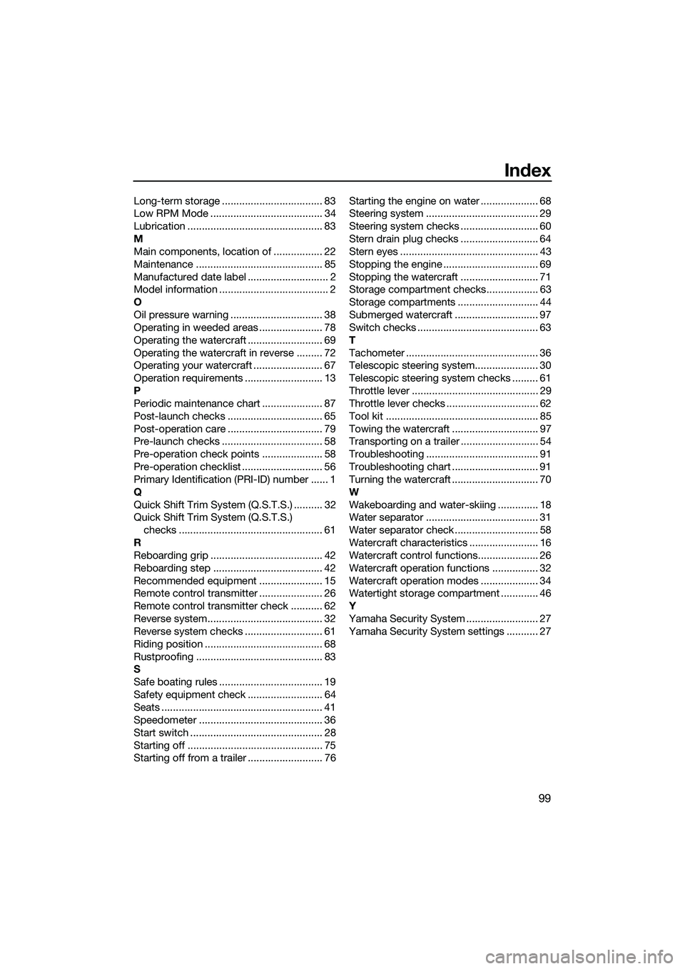 YAMAHA FZS SVHO 2015  Owners Manual Index
99
Long-term storage ................................... 83
Low RPM Mode ....................................... 34
Lubrication ............................................... 83
M
Main componen