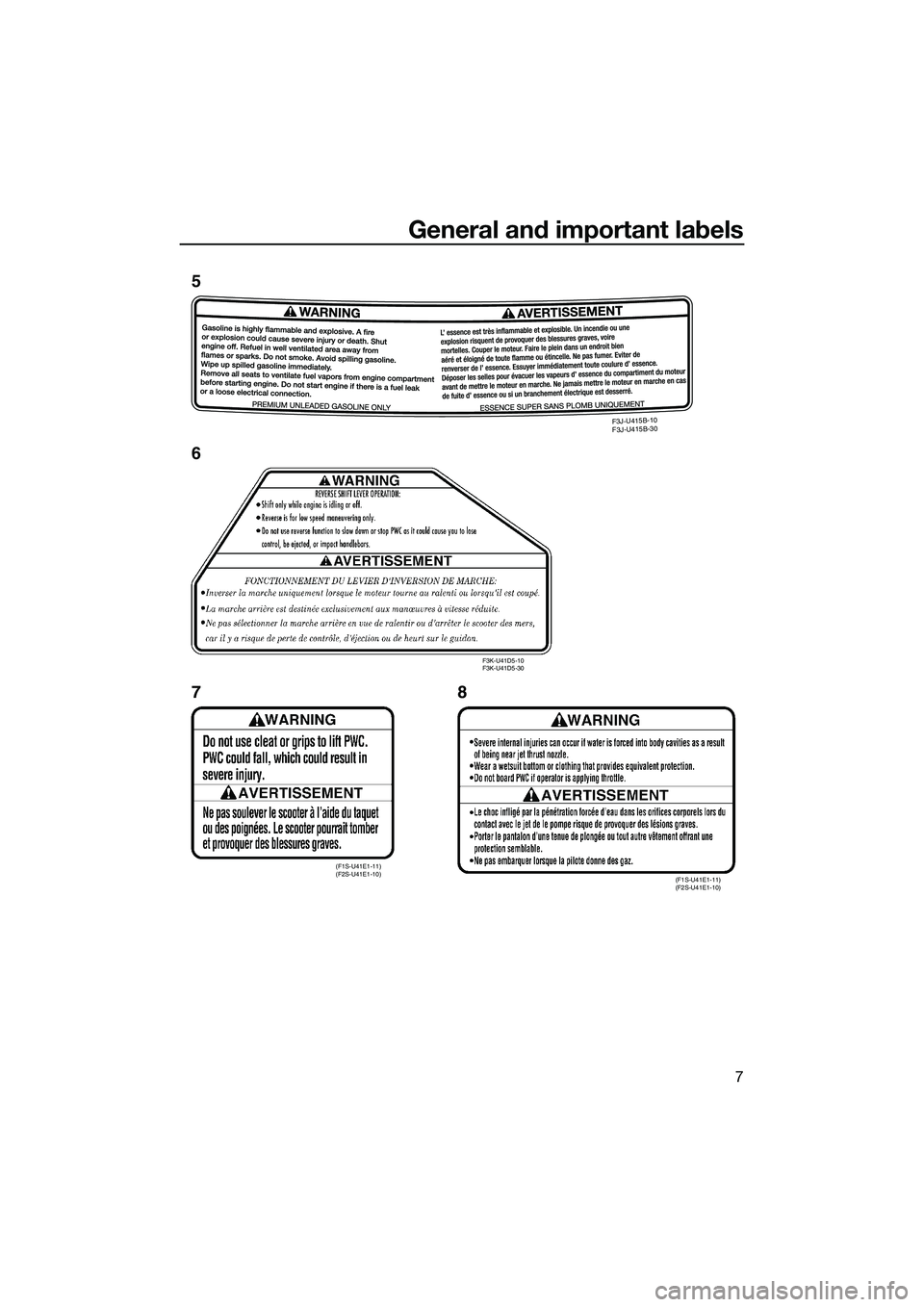 YAMAHA FZS SVHO 2015  Owners Manual General and important labels
7
F3J-U415B-10 
F3J-U415B-30
(F1S-U41E1-11) 
(F2S-U41E1-10)(F1S-U41E1-11) 
(F2S-U41E1-10)
F3K-U41D5-10 
F3K-U41D5-30
5
6
78
UF3K71E0.book  Page 7  Monday, August 18, 2014 