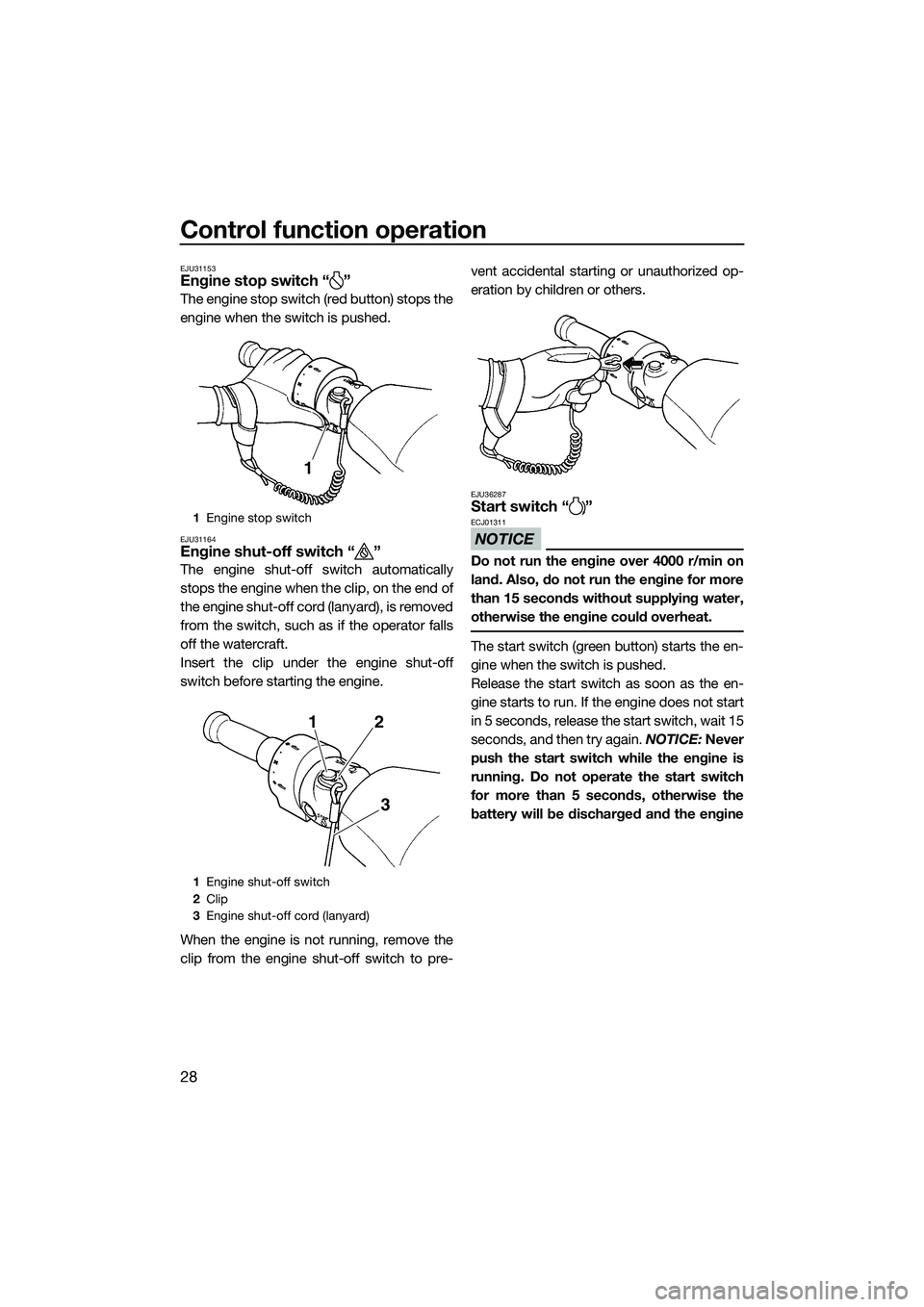 YAMAHA FZS SVHO 2015 Owners Manual Control function operation
28
EJU31153Engine stop switch “ ”
The engine stop switch (red button) stops the
engine when the switch is pushed.
EJU31164Engine shut-off switch “ ”
The engine shut- YAMAHA FZS SVHO 2015 Owners Manual Control function operation
28
EJU31153Engine stop switch “ ”
The engine stop switch (red button) stops the
engine when the switch is pushed.
EJU31164Engine shut-off switch “ ”
The engine shut-