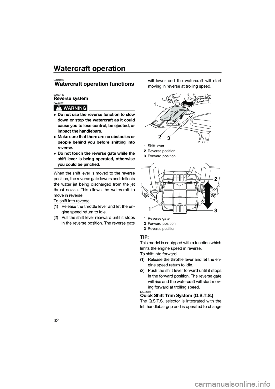 YAMAHA FZS SVHO 2015 Owners Manual Watercraft operation
32
EJU40013
Watercraft operation functions
EJU37183Reverse system
WARNING
EWJ01231
Do not use the reverse function to slow
down or stop the watercraft as it could
cause you to YAMAHA FZS SVHO 2015 Owners Manual Watercraft operation
32
EJU40013
Watercraft operation functions
EJU37183Reverse system
WARNING
EWJ01231
Do not use the reverse function to slow
down or stop the watercraft as it could
cause you to
