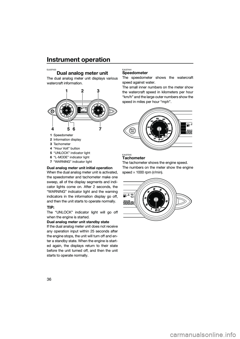 YAMAHA FZS SVHO 2015 Owners Manual Instrument operation
36
EJU37433
Dual analog meter unit
The dual analog meter unit displays various
watercraft information.
Dual analog meter unit initial operation
When the dual analog meter unit is YAMAHA FZS SVHO 2015 Owners Manual Instrument operation
36
EJU37433
Dual analog meter unit
The dual analog meter unit displays various
watercraft information.
Dual analog meter unit initial operation
When the dual analog meter unit is