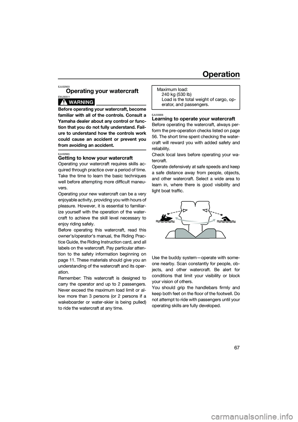 YAMAHA FZS SVHO 2015 Owners Manual Operation
67
EJU32903
Operating your watercraft
WARNING
EWJ00511
Before operating your watercraft, become
familiar with all of the controls. Consult a
Yamaha dealer about any control or func- tion tha YAMAHA FZS SVHO 2015 Owners Manual Operation
67
EJU32903
Operating your watercraft
WARNING
EWJ00511
Before operating your watercraft, become
familiar with all of the controls. Consult a
Yamaha dealer about any control or func- tion tha