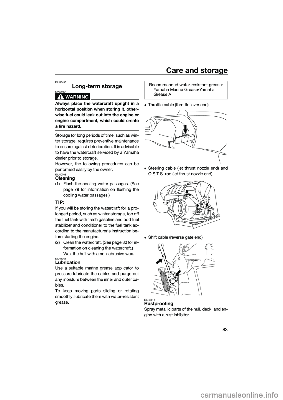 YAMAHA FZS SVHO 2015 Owners Manual Care and storage
83
EJU33493
Long-term storage
WARNING
EWJ00331
Always place the watercraft upright in a
horizontal position when storing it, other-
wise fuel could leak out into the engine or
engine YAMAHA FZS SVHO 2015 Owners Manual Care and storage
83
EJU33493
Long-term storage
WARNING
EWJ00331
Always place the watercraft upright in a
horizontal position when storing it, other-
wise fuel could leak out into the engine or
engine