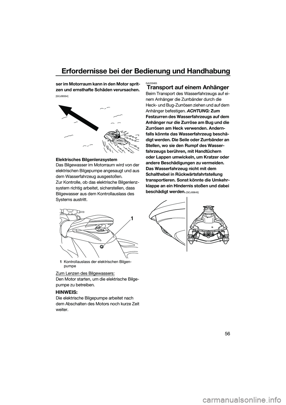 YAMAHA FZS SVHO 2015  Betriebsanleitungen (in German) Erfordernisse bei der Bedienung und Handhabung
56
ser im Motorraum kann in den Motor sprit-
zen und ernsthafte Schäden verursachen.
 
[GCJ00554]
Elektrisches Bilgenlenzsystem
Das Bilgewasser im Motor