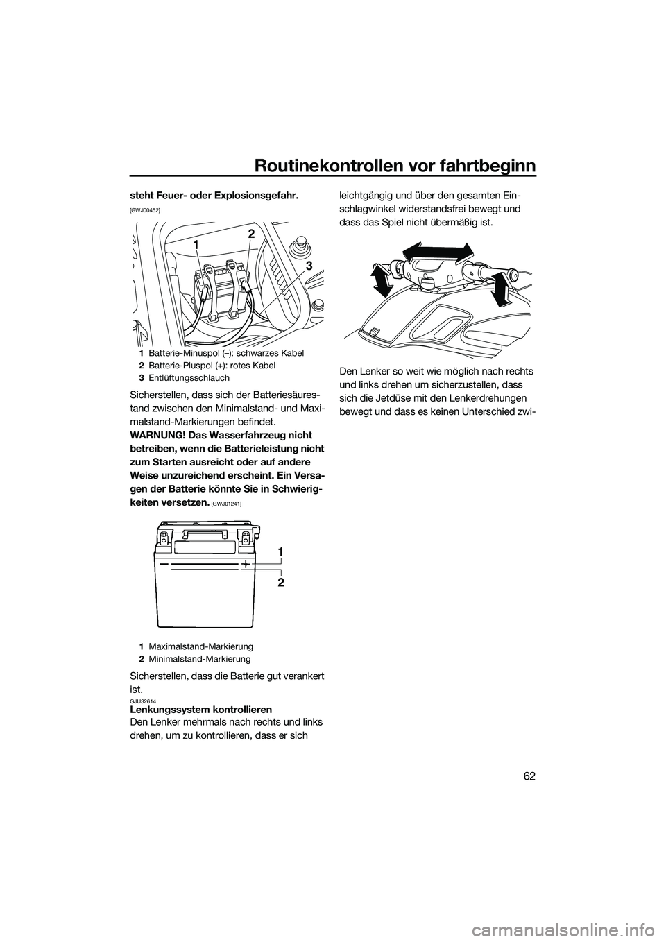 YAMAHA FZS SVHO 2015  Betriebsanleitungen (in German) Routinekontrollen vor fahrtbeginn
62
steht Feuer- oder Explosionsgefahr. 
[GWJ00452]
Sicherstellen, dass sich der Batteriesäures-
tand zwischen den Minimalstand- und Maxi-
malstand-Markierungen befin