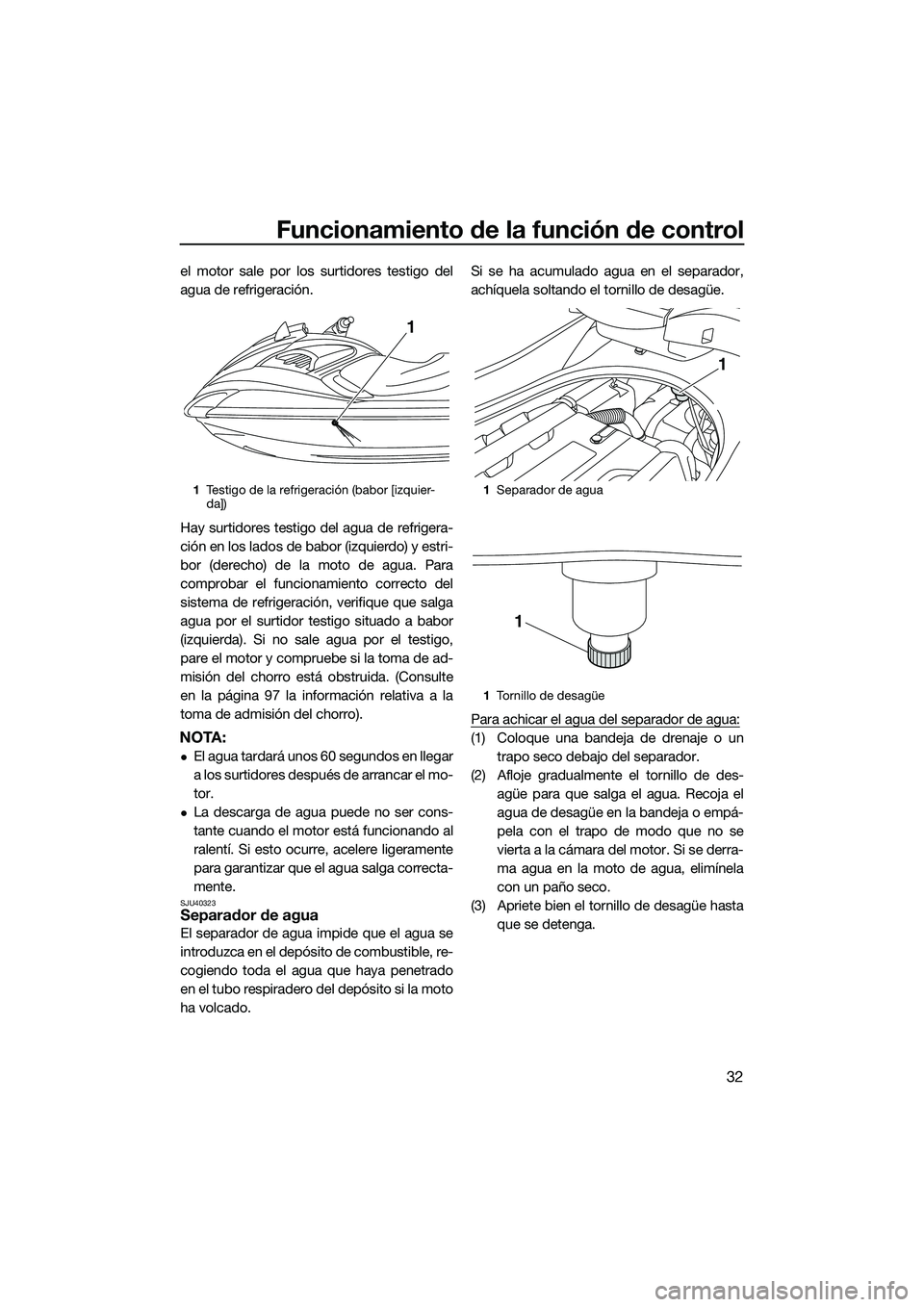YAMAHA FZS SVHO 2015 Manuale de Empleo (in Spanish) Funcionamiento de la función de control
32
el motor sale por los surtidores testigo del
agua de refrigeración.
Hay surtidores testigo del agua de refrigera-
ción en los lados de babor (izquierdo) y YAMAHA FZS SVHO 2015 Manuale de Empleo (in Spanish) Funcionamiento de la función de control
32
el motor sale por los surtidores testigo del
agua de refrigeración.
Hay surtidores testigo del agua de refrigera-
ción en los lados de babor (izquierdo) y
