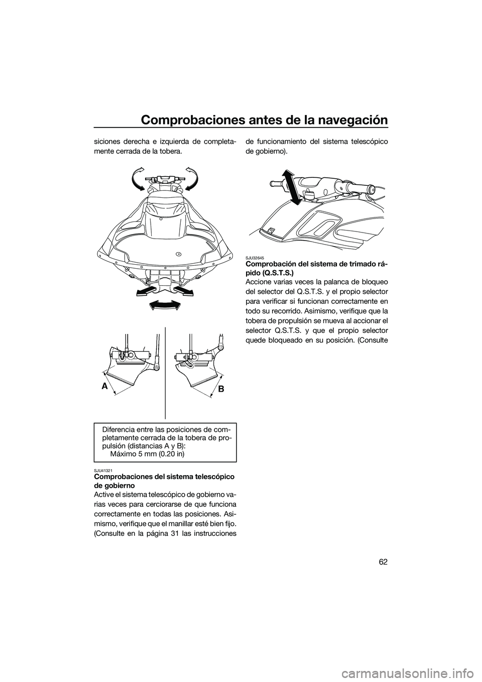 YAMAHA FZS SVHO 2015 Manuale de Empleo (in Spanish) Comprobaciones antes de la navegación
62
siciones derecha e izquierda de completa-
mente cerrada de la tobera.
SJU41321Comprobaciones del sistema telescópico
de gobierno
Active el sistema telescóp YAMAHA FZS SVHO 2015 Manuale de Empleo (in Spanish) Comprobaciones antes de la navegación
62
siciones derecha e izquierda de completa-
mente cerrada de la tobera.
SJU41321Comprobaciones del sistema telescópico
de gobierno
Active el sistema telescóp