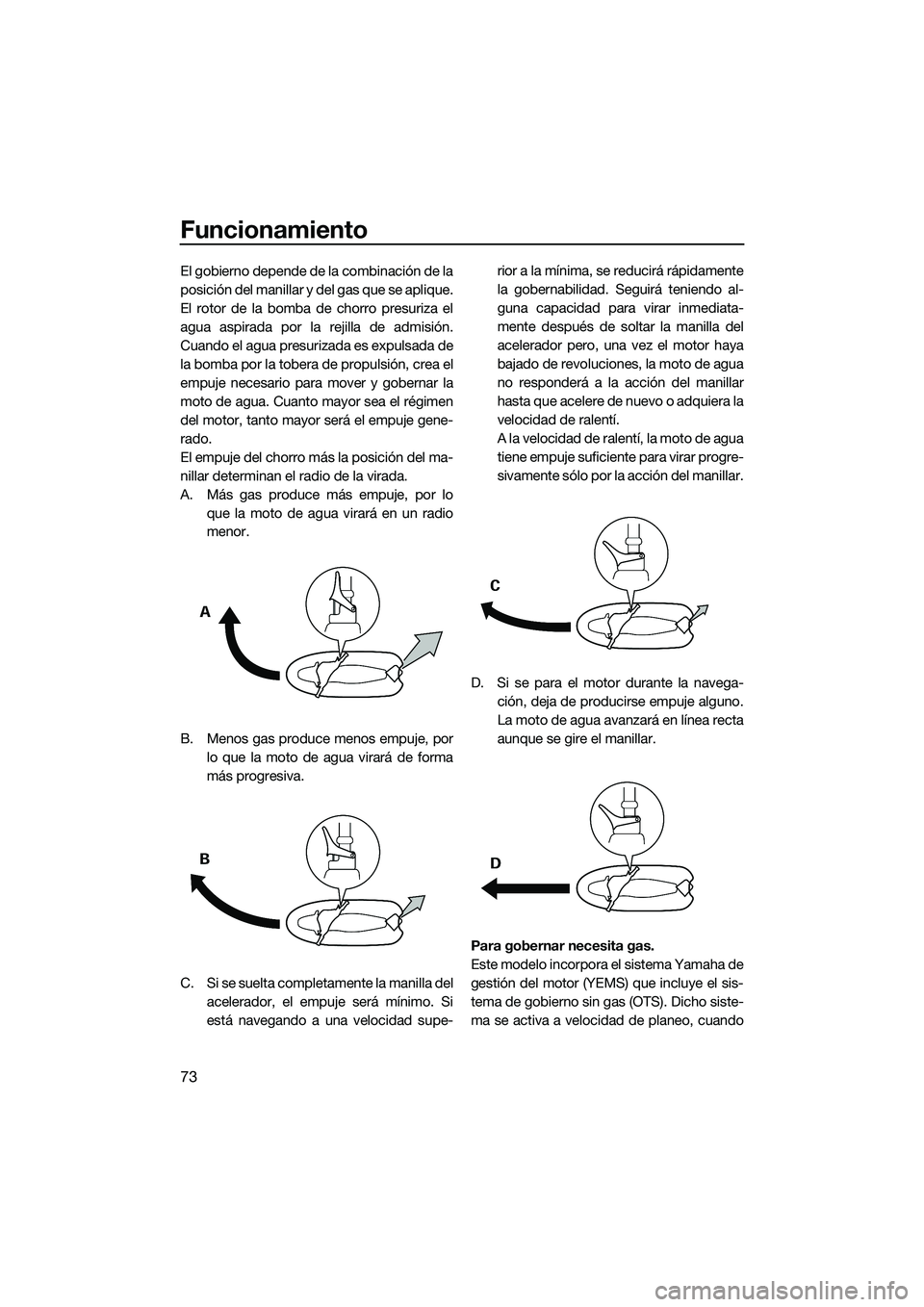 YAMAHA FZS SVHO 2015 Manuale de Empleo (in Spanish) Funcionamiento
73
El gobierno depende de la combinación de la
posición del manillar y del gas que se aplique.
El rotor de la bomba de chorro presuriza el
agua aspirada por la rejilla de admisión.
C YAMAHA FZS SVHO 2015 Manuale de Empleo (in Spanish) Funcionamiento
73
El gobierno depende de la combinación de la
posición del manillar y del gas que se aplique.
El rotor de la bomba de chorro presuriza el
agua aspirada por la rejilla de admisión.
C