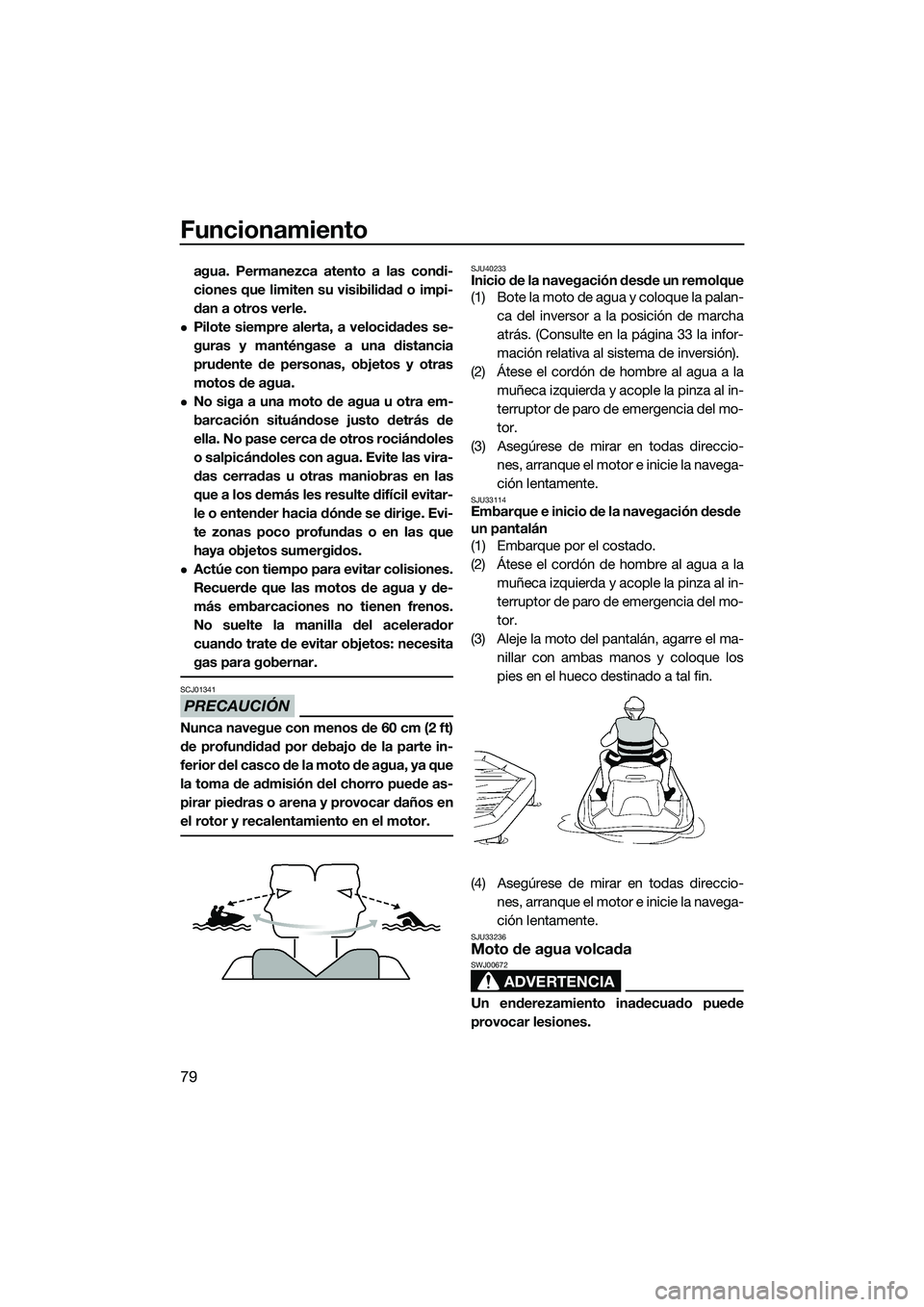 YAMAHA FZS SVHO 2015 Manuale de Empleo (in Spanish) Funcionamiento
79
agua. Permanezca atento a las condi-
ciones que limiten su visibilidad o impi-
dan a otros verle.
Pilote siempre alerta, a velocidades se-
guras y manténgase a una distancia
prud YAMAHA FZS SVHO 2015 Manuale de Empleo (in Spanish) Funcionamiento
79
agua. Permanezca atento a las condi-
ciones que limiten su visibilidad o impi-
dan a otros verle.
Pilote siempre alerta, a velocidades se-
guras y manténgase a una distancia
prud