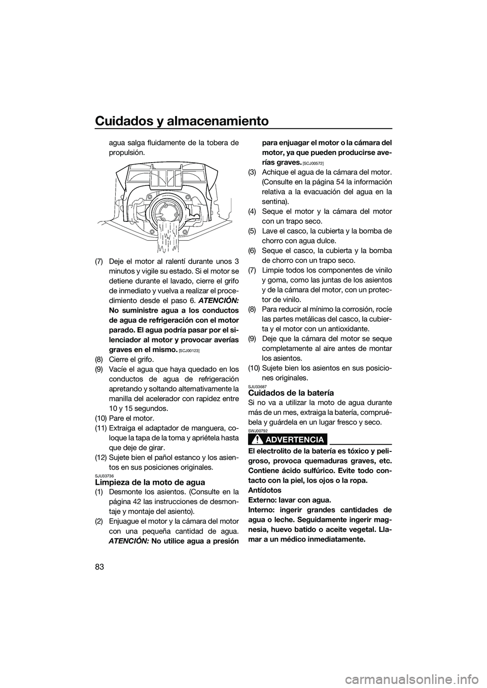 YAMAHA FZS SVHO 2015 Manuale de Empleo (in Spanish) Cuidados y almacenamiento
83
agua salga fluidamente de la tobera de
propulsión.
(7) Deje el motor al ralentí durante unos 3 minutos y vigile su estado. Si el motor se
detiene durante el lavado, cier YAMAHA FZS SVHO 2015 Manuale de Empleo (in Spanish) Cuidados y almacenamiento
83
agua salga fluidamente de la tobera de
propulsión.
(7) Deje el motor al ralentí durante unos 3 minutos y vigile su estado. Si el motor se
detiene durante el lavado, cier