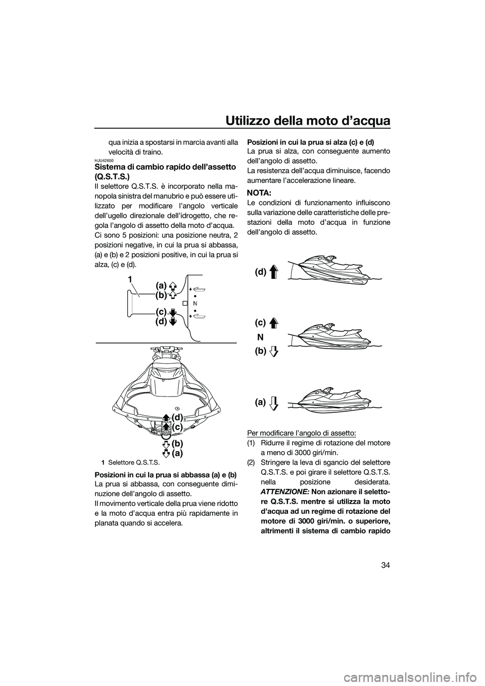 YAMAHA FZS SVHO 2015  Manuale duso (in Italian) Utilizzo della moto d’acqua
34
qua inizia a spostarsi in marcia avanti alla
velocità di traino.
HJU42650Sistema di cambio rapido dell’assetto 
(Q.S.T.S.)
Il selettore Q.S.T.S. è incorporato nell